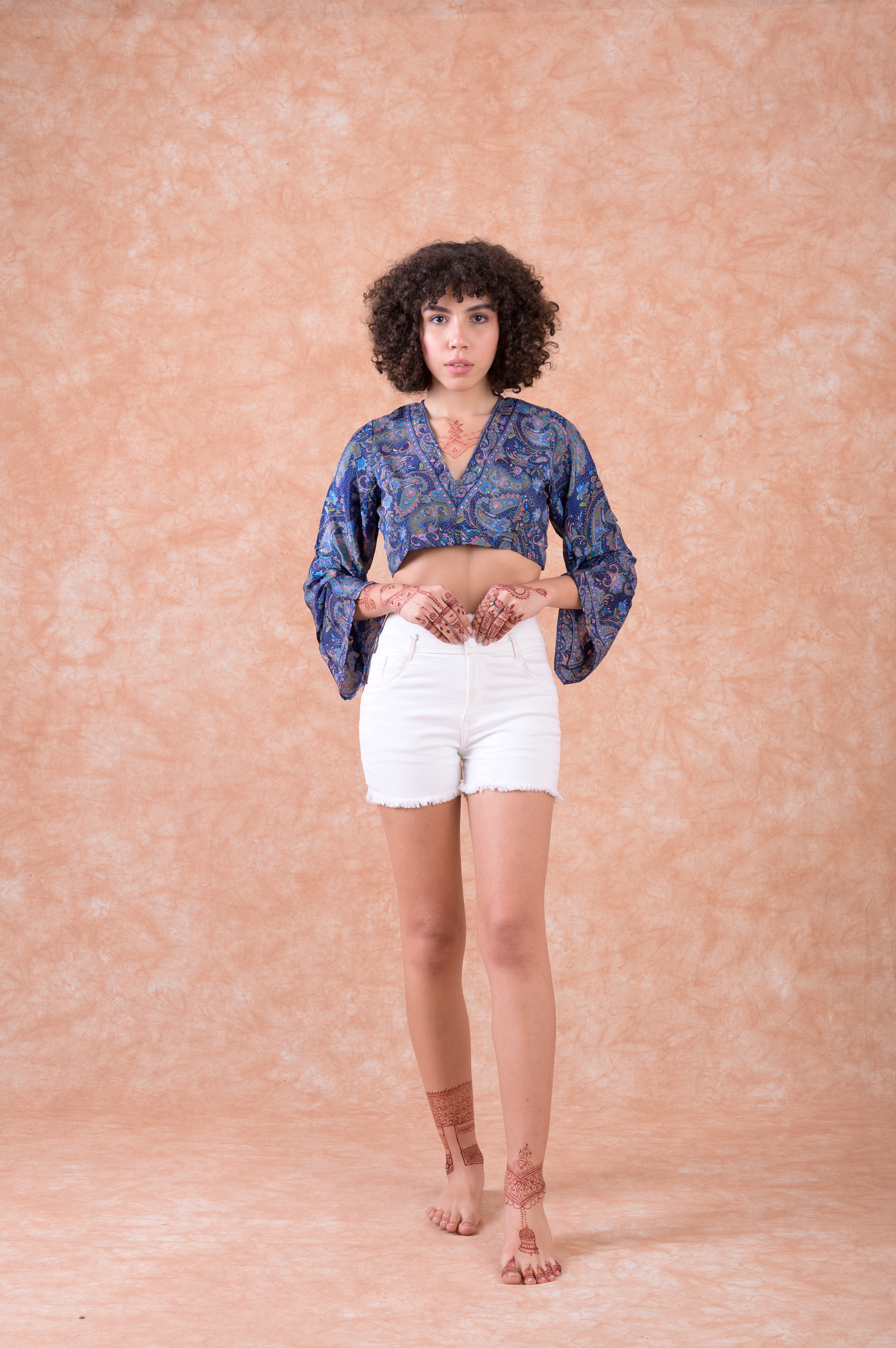 Rhea Bell Sleeve Crop Top Navy Blue / One Size