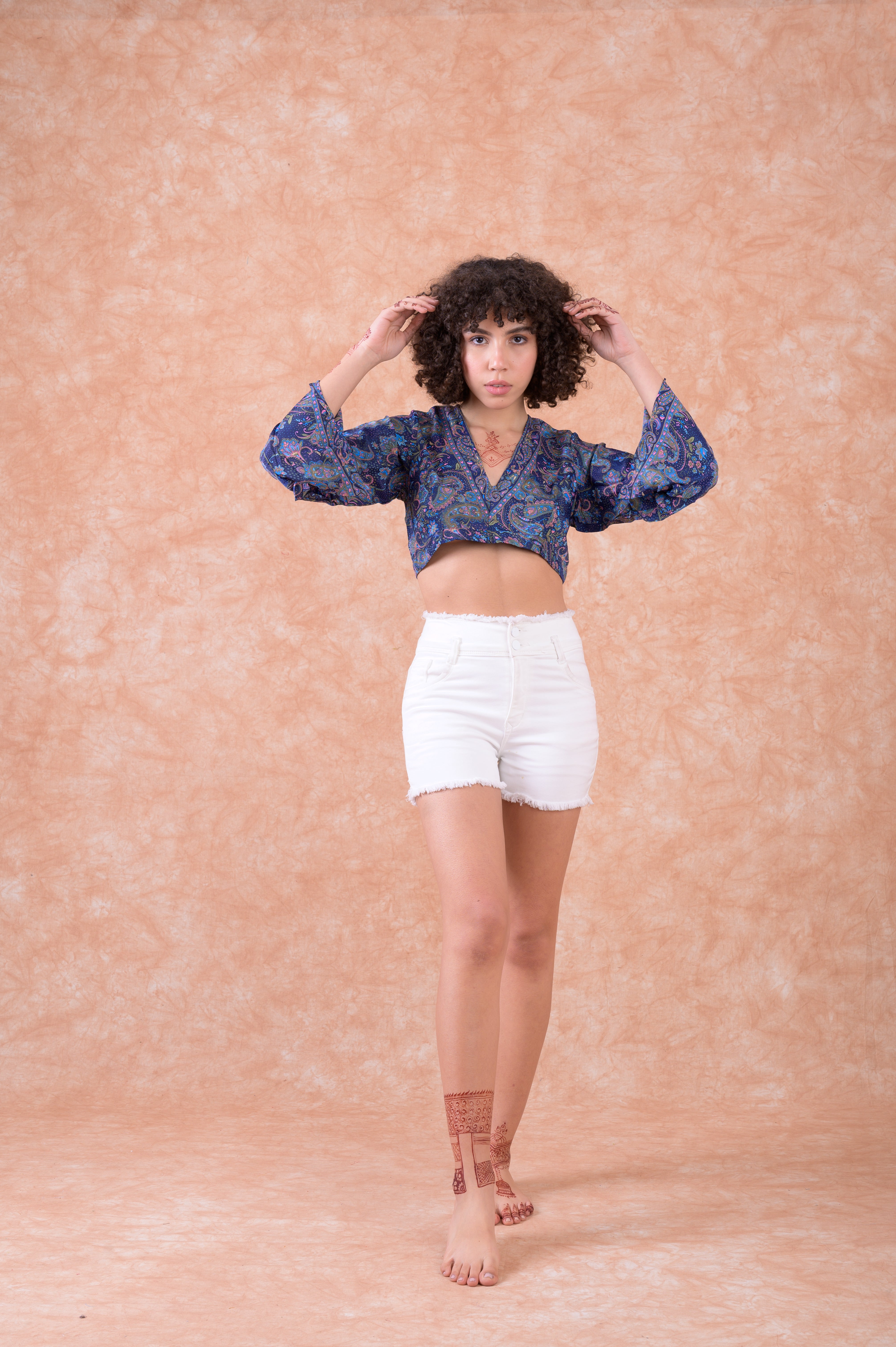 Rhea Bell Sleeve Crop Top Navy Blue / One Size
