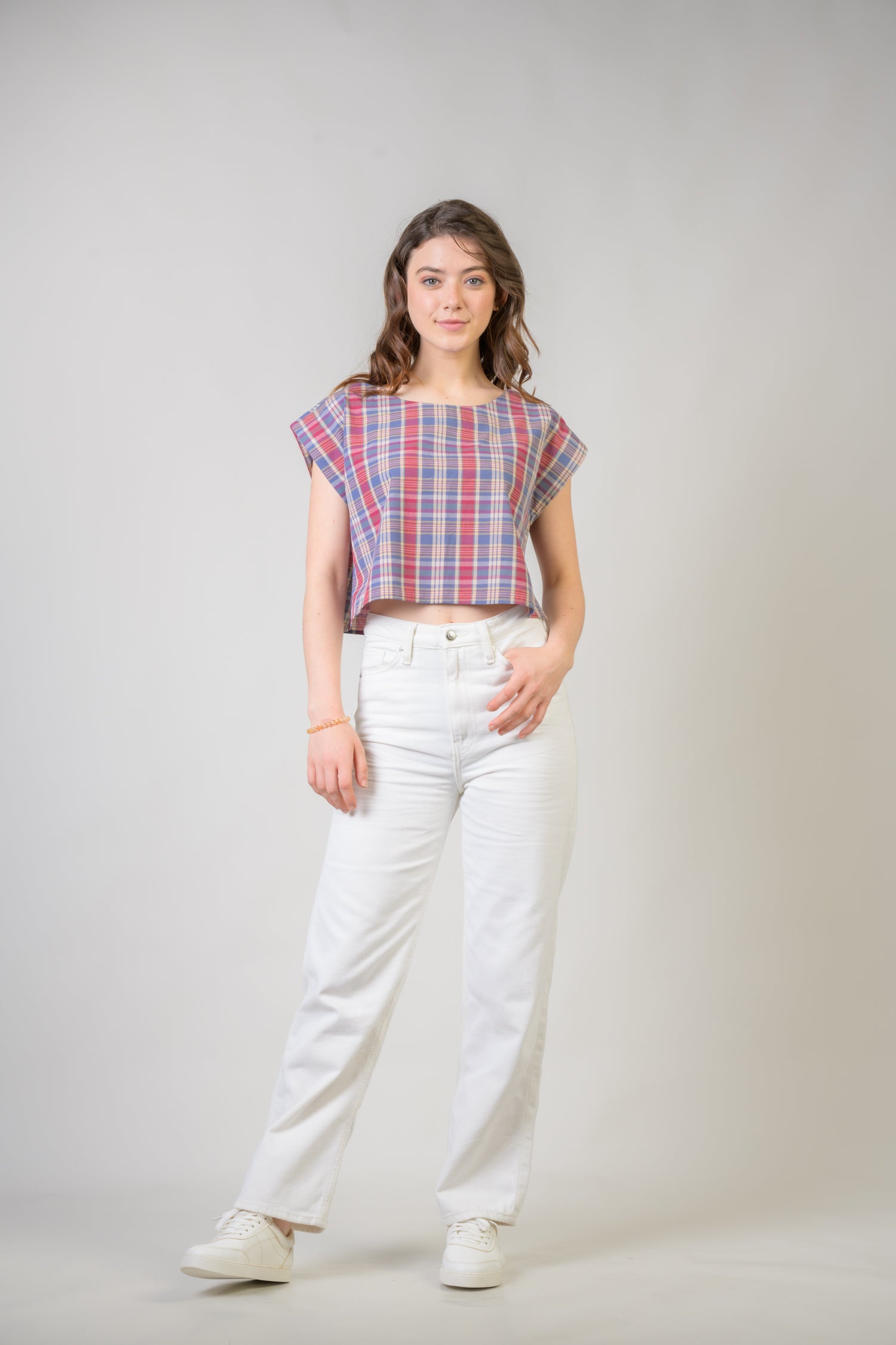 Rhea Pink Blue Checked Vigo Top