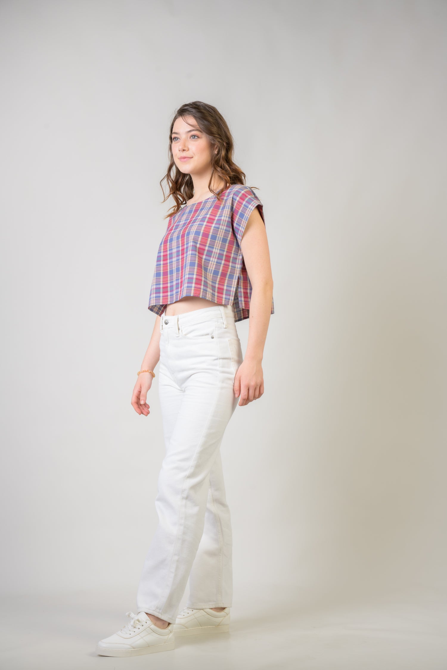 Rhea Pink Blue Checked Crop Top