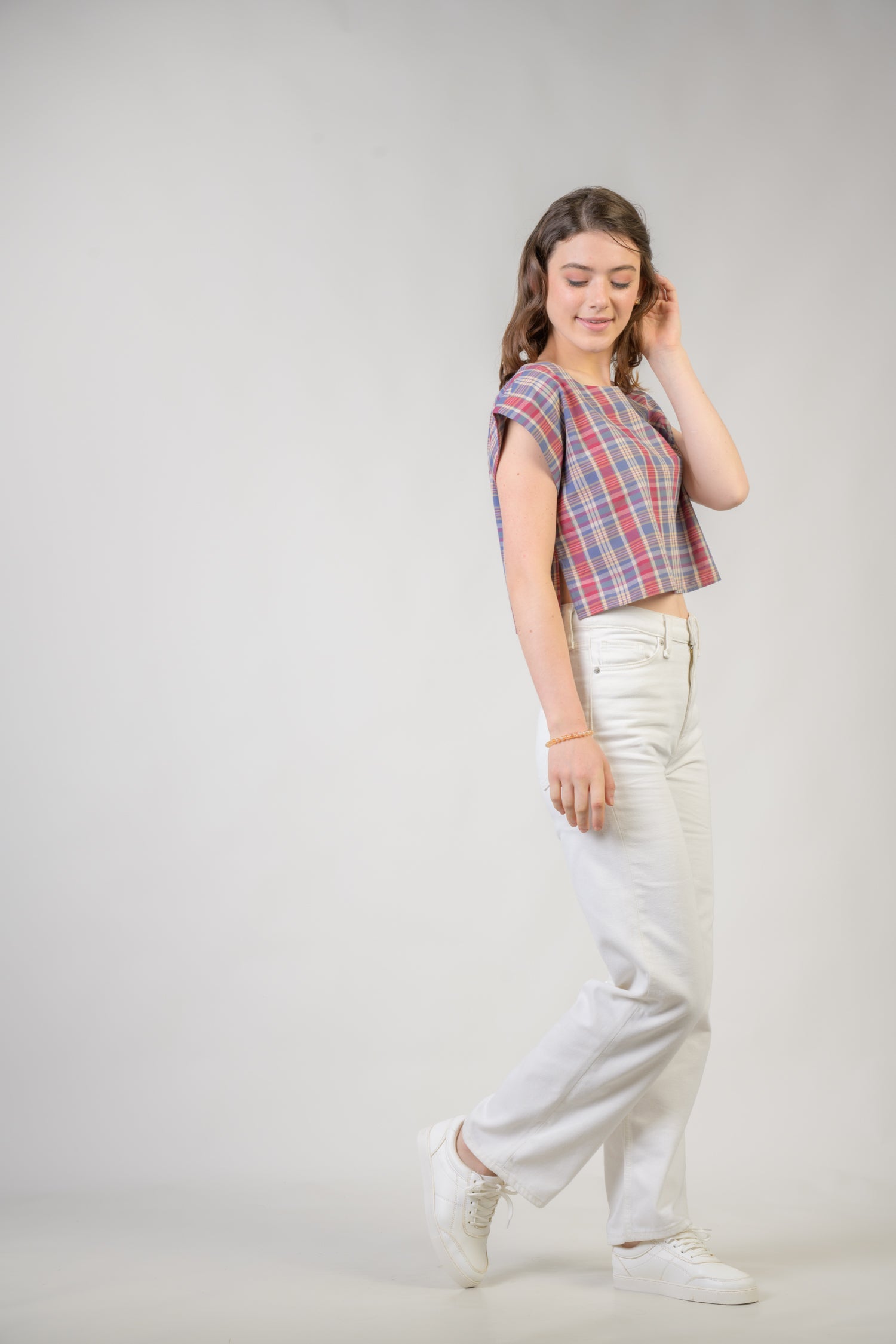 Rhea Pink Blue Checked Vigo Top