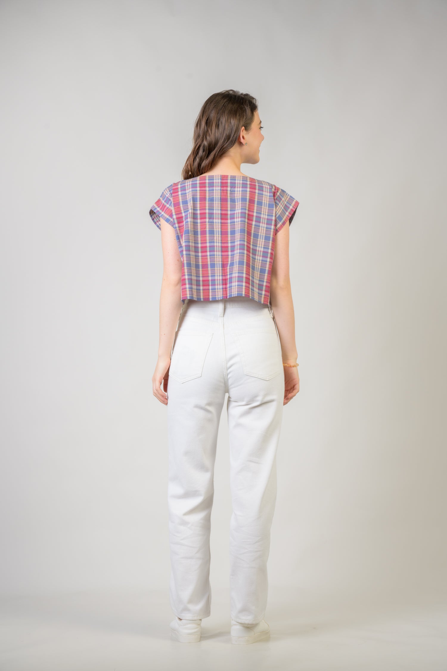 Rhea Pink Blue Checked Crop Top