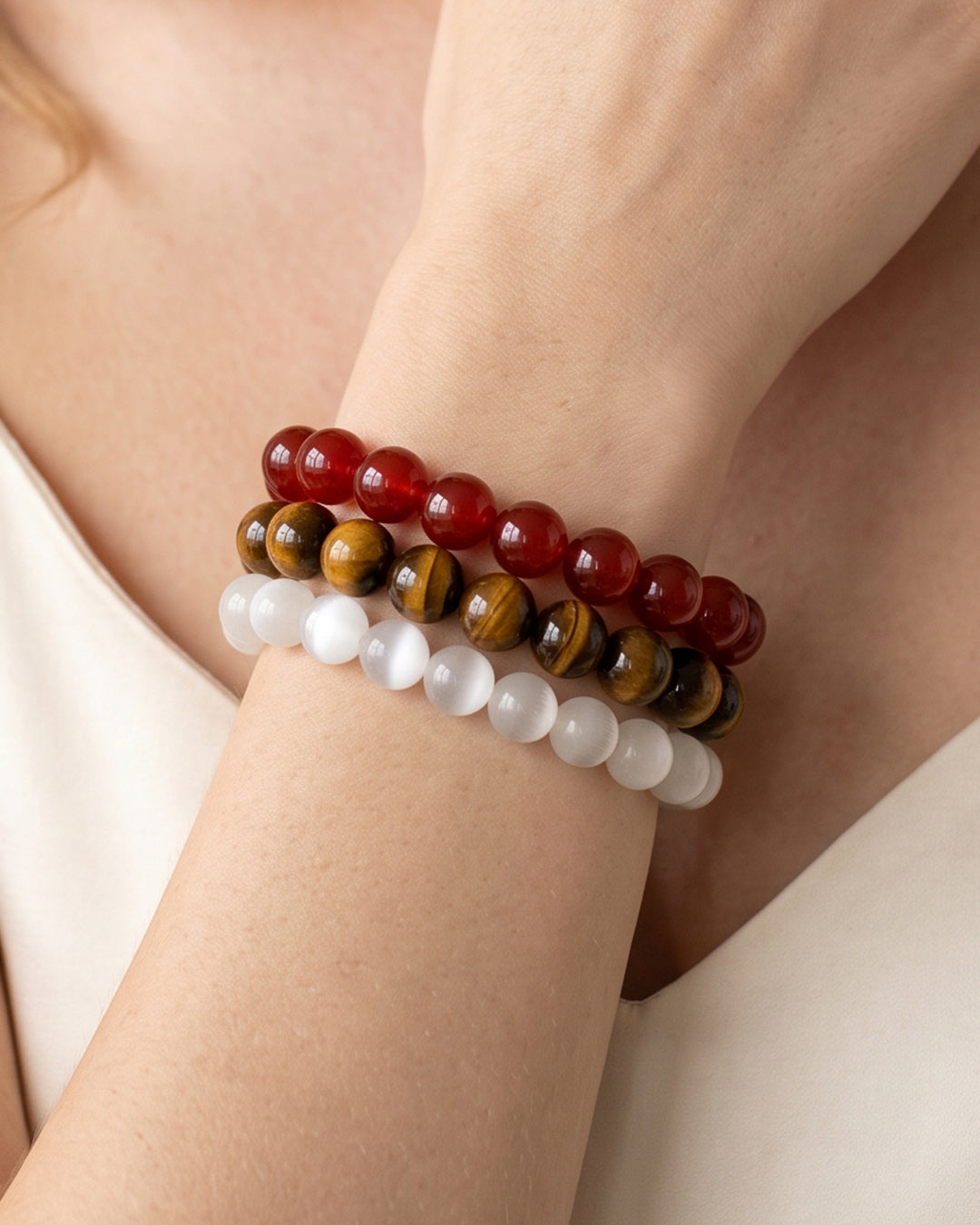 Cardinal Red Gold & White, Team Spirit Bracelet Stack, Gemstone Bracelet Set - 10mm