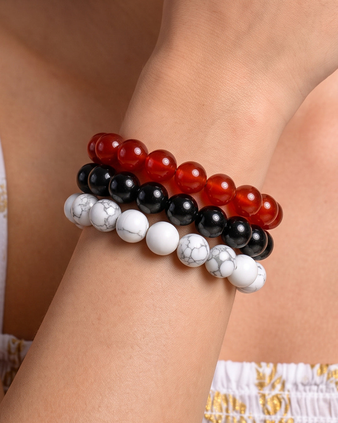 Red Black & White, Game Day Bracelet Stack, Gemstone Bracelet Set - 6mm