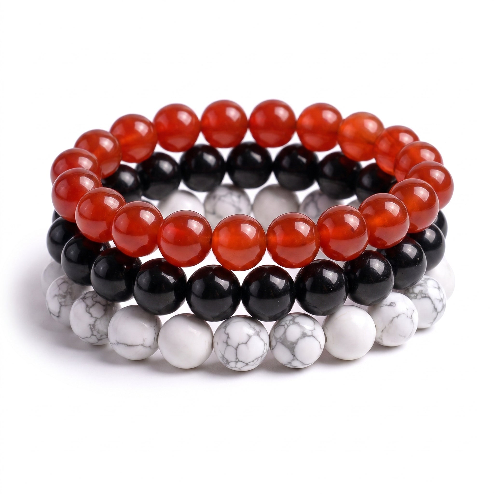 Red Black & White, Game Day Bracelet Stack, Gemstone Bracelet Set - 6mm