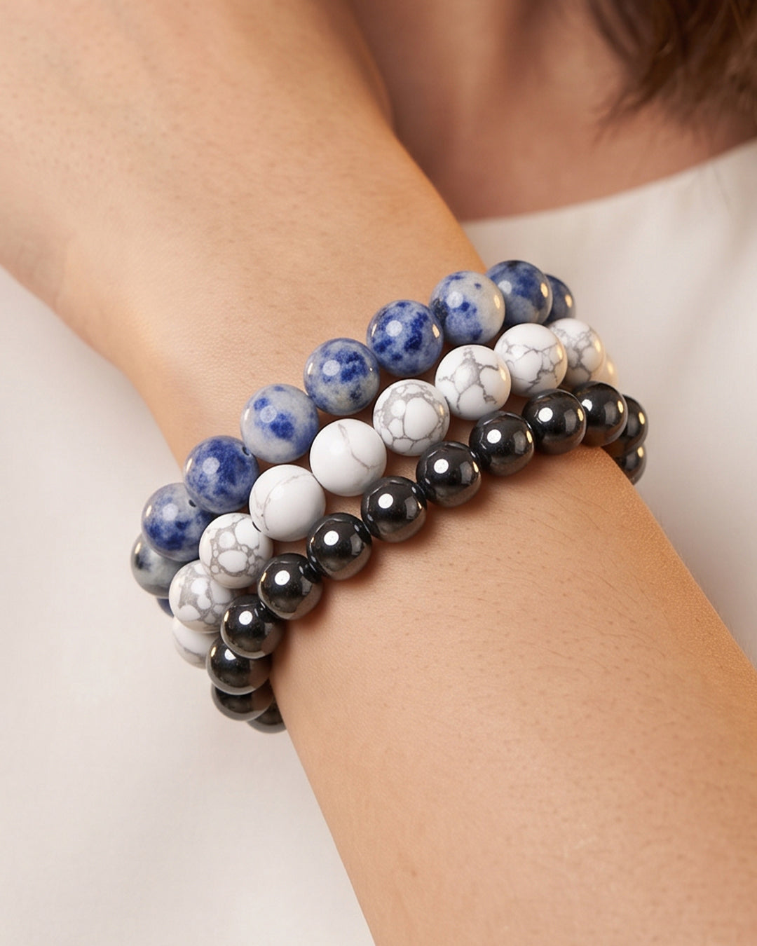 Navy Blue White & Silver, Game Day Bracelet Stack, Gemstone Bracelet Set - 10mm