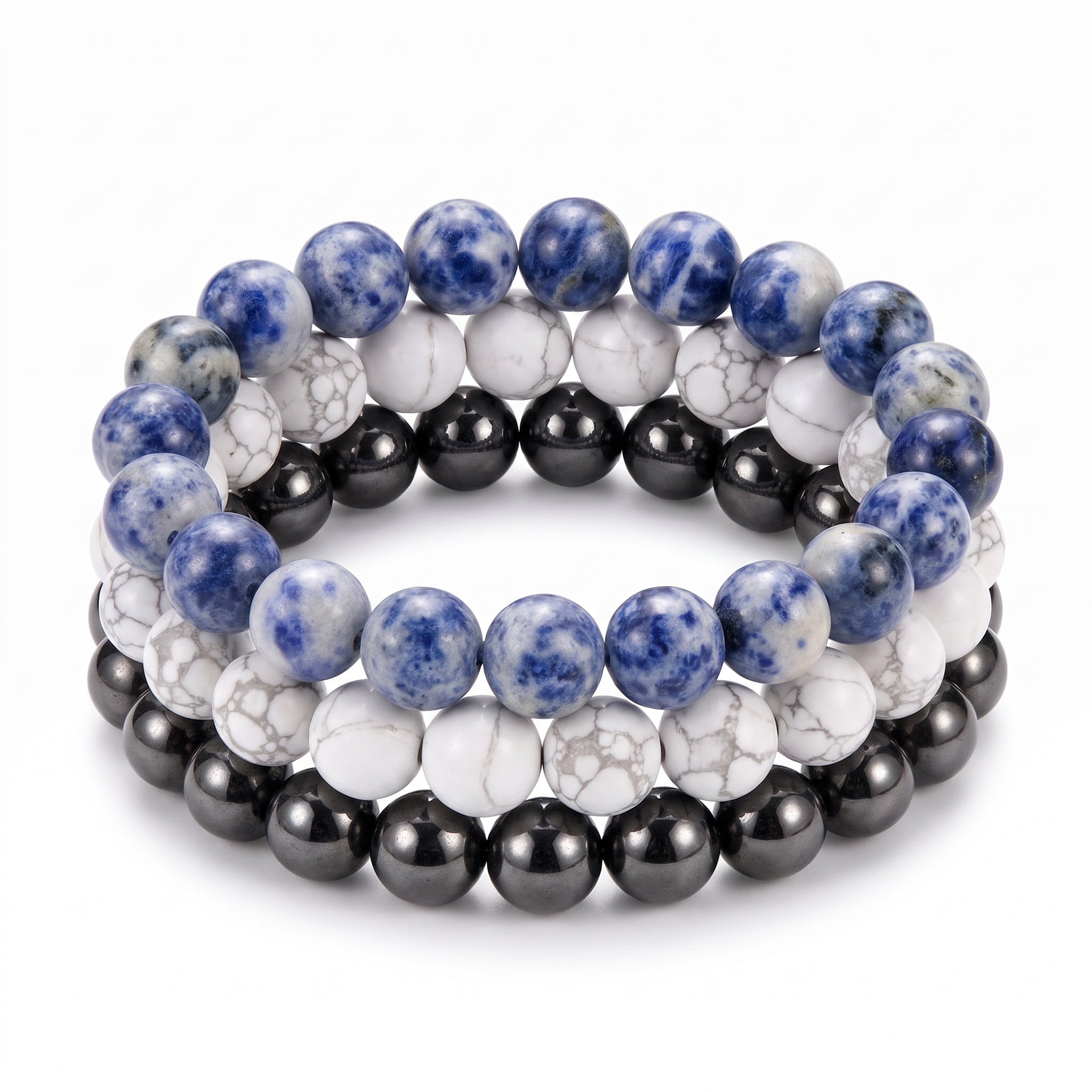 Navy Blue White & Silver, Game Day Bracelet Stack, Gemstone Bracelet Set - 10mm