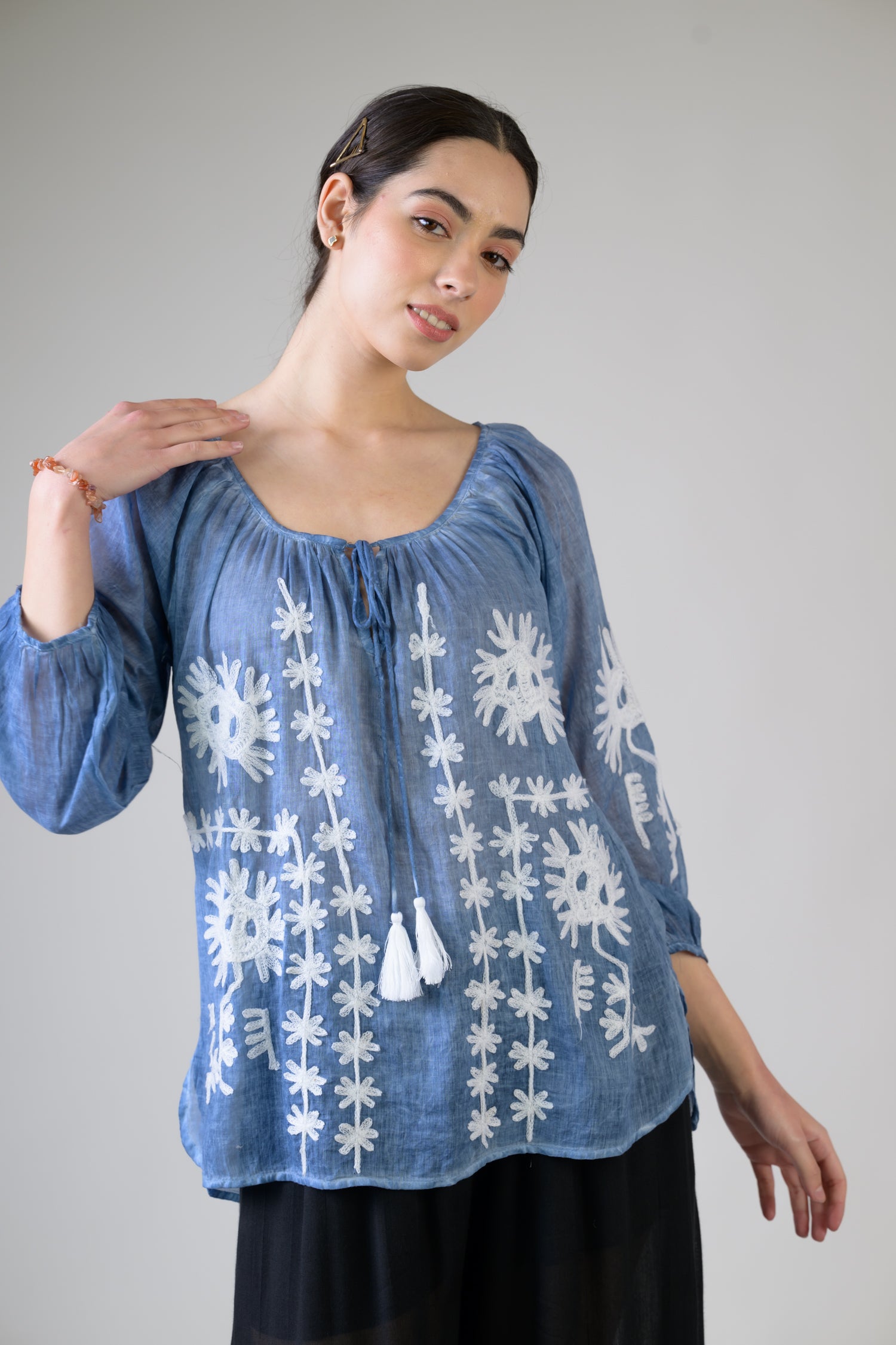 Embroidered Long Sleeve Cotton Top