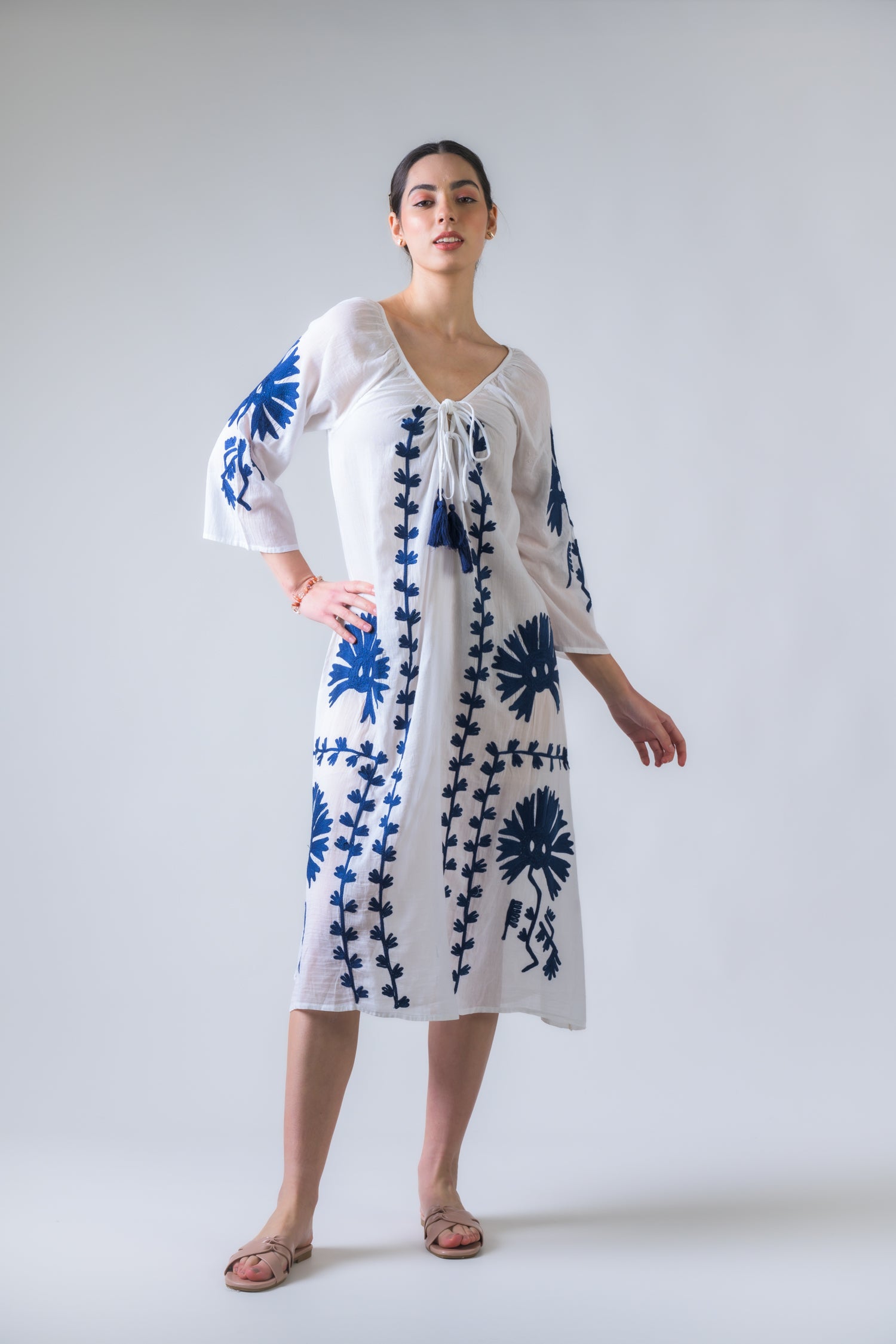 Flower Pattern Embroidered Long Dress