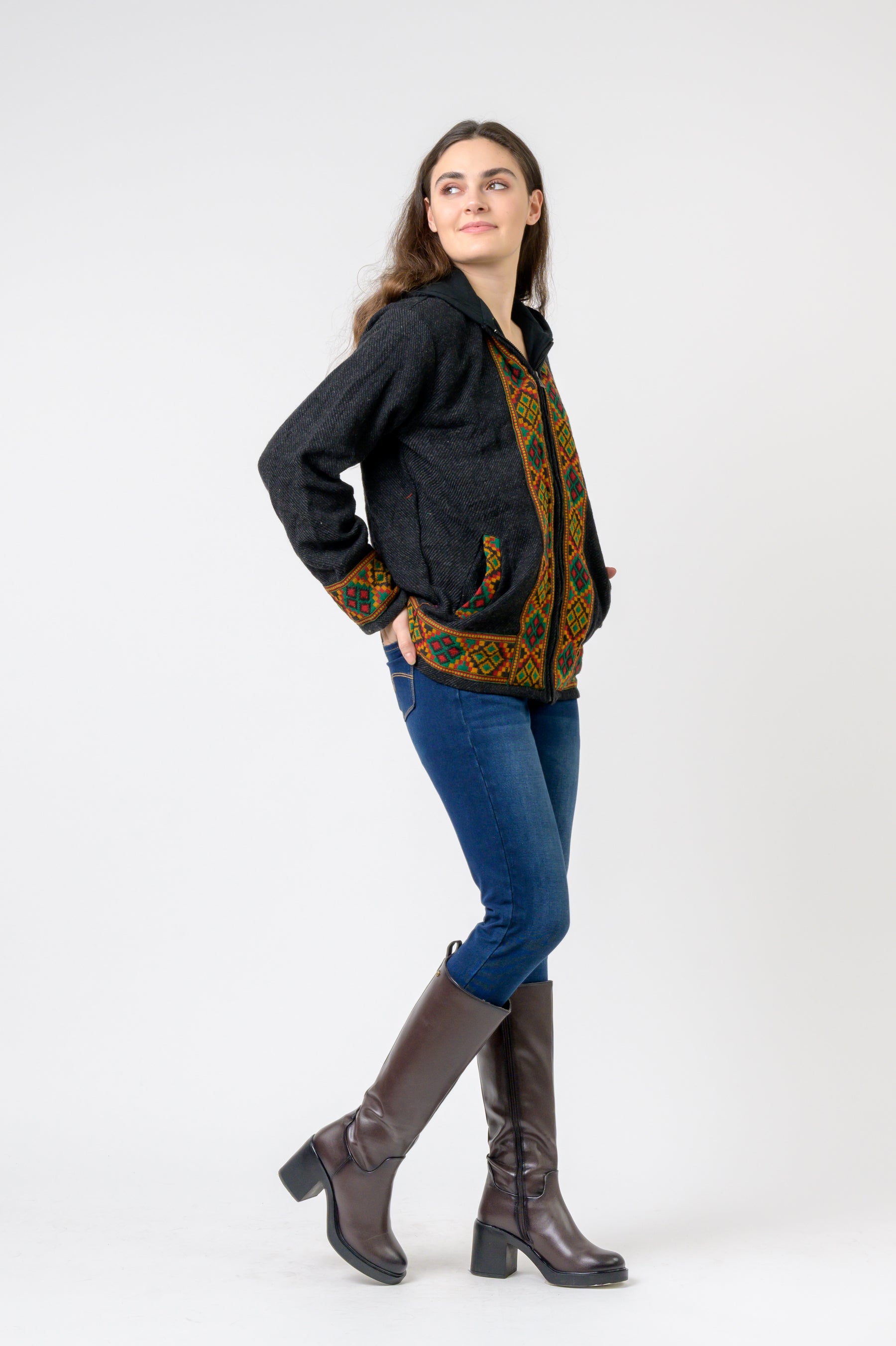 Rhea Solid Jacket With Patterned Hem