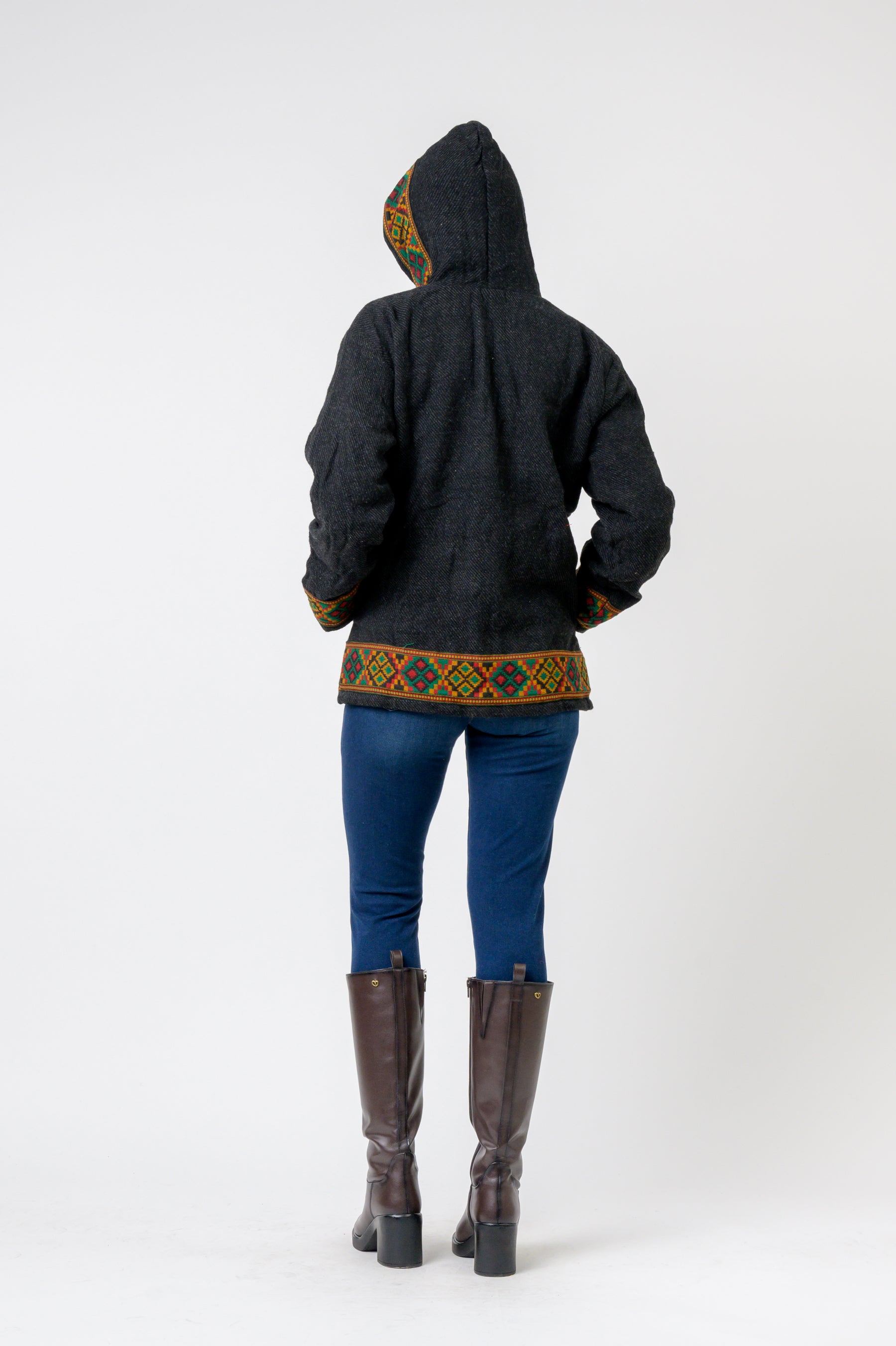 Rhea Solid Jacket With Patterned Hem