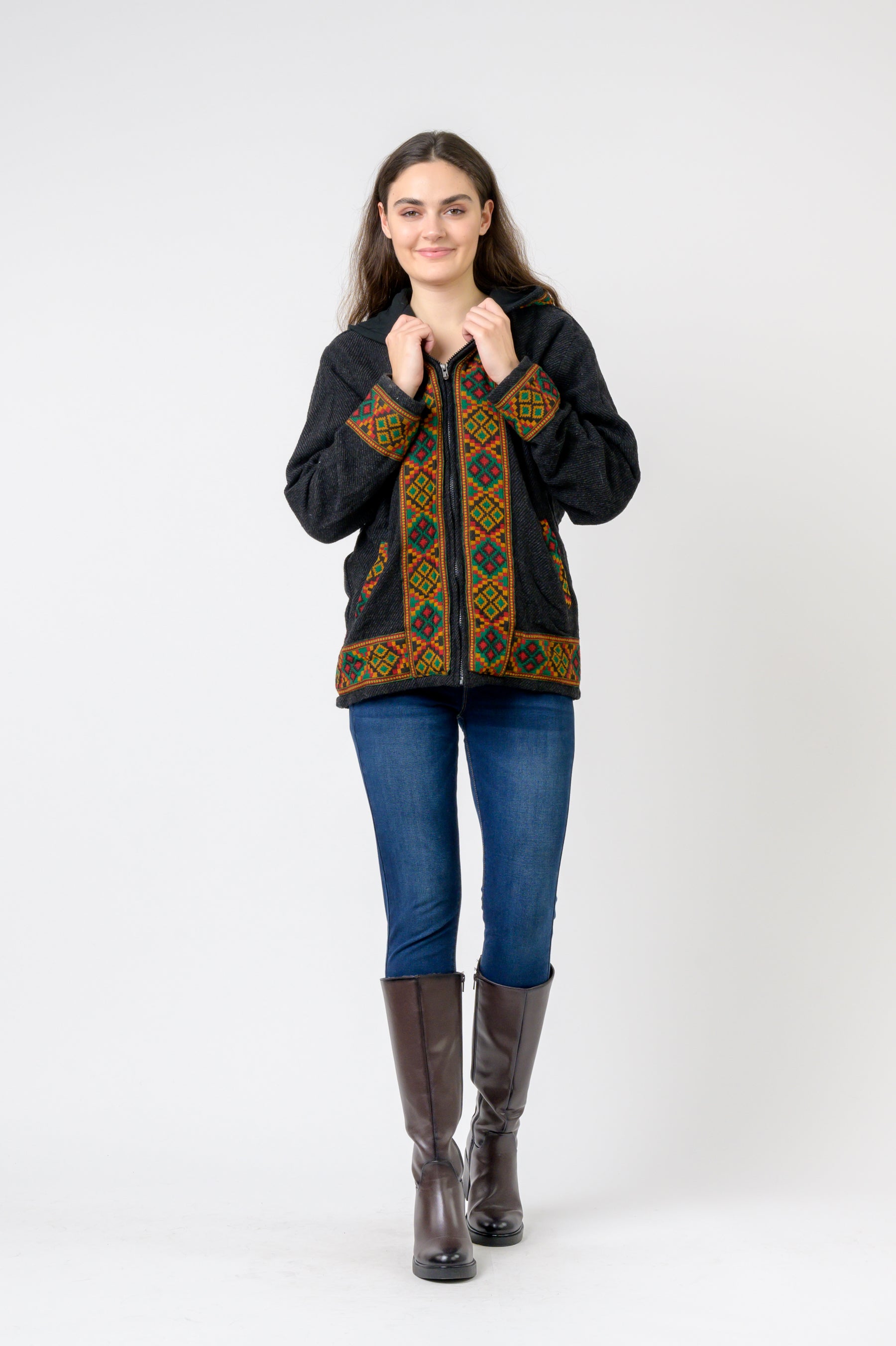 Rhea Solid Jacket With Patterned Hem