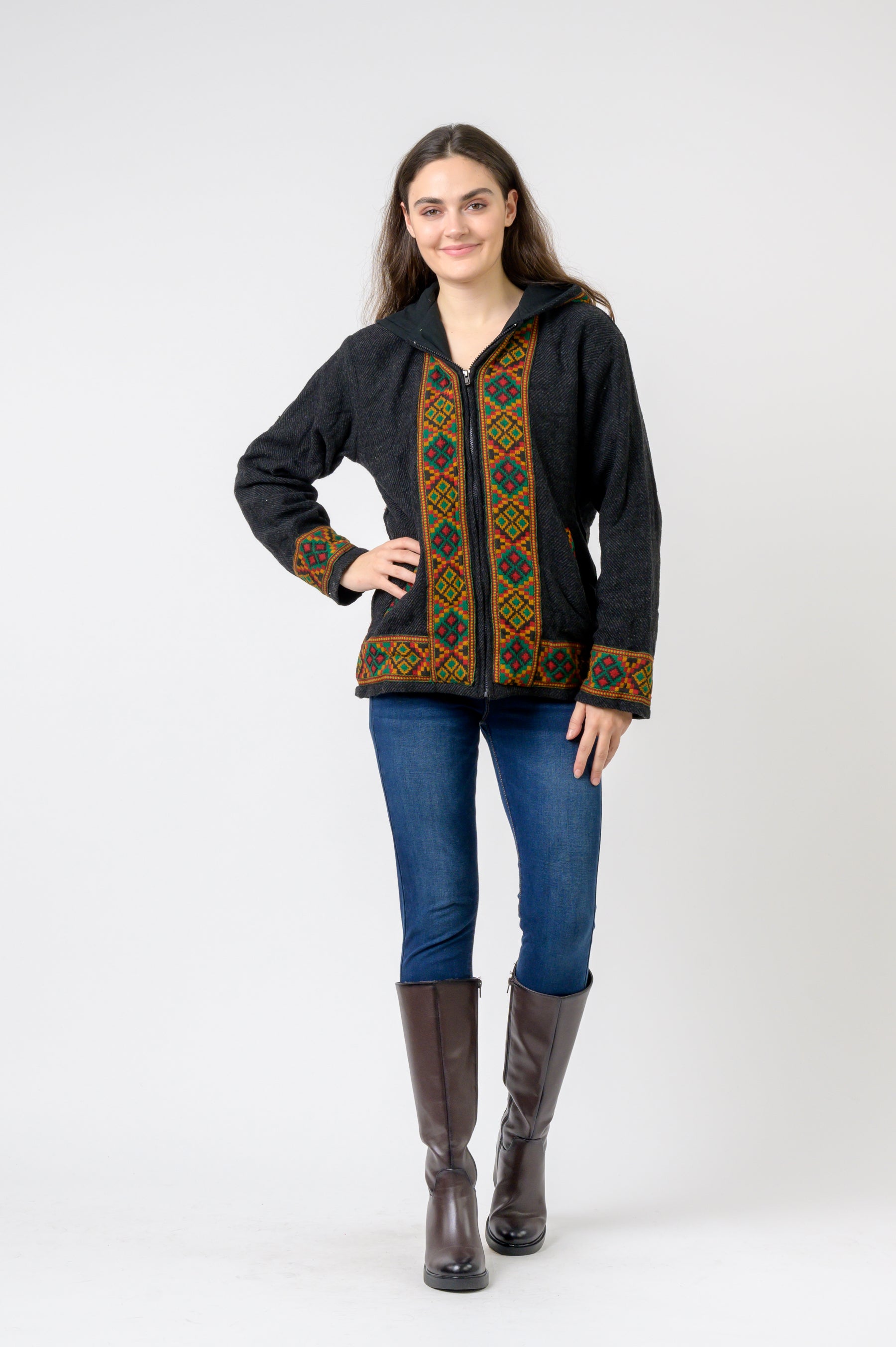Rhea Solid Jacket With Patterned Hem