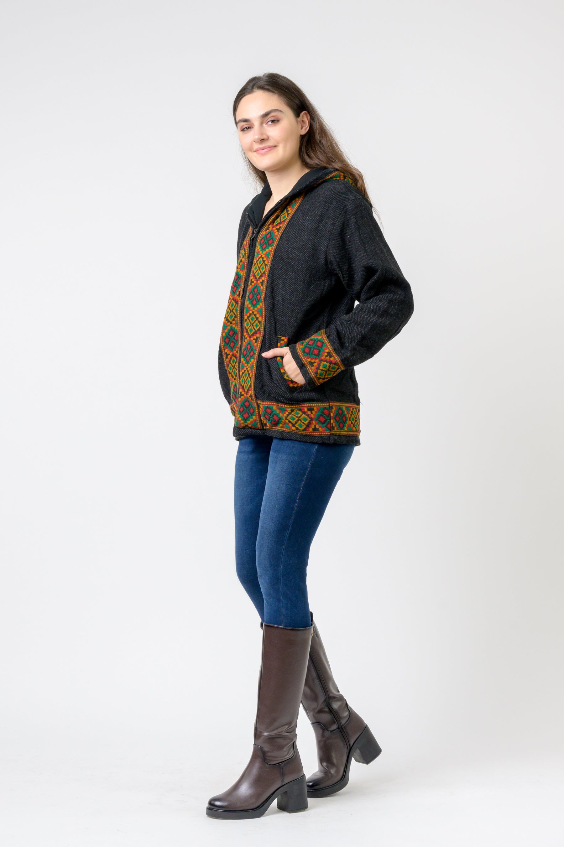 Rhea Solid Jacket With Patterned Hem