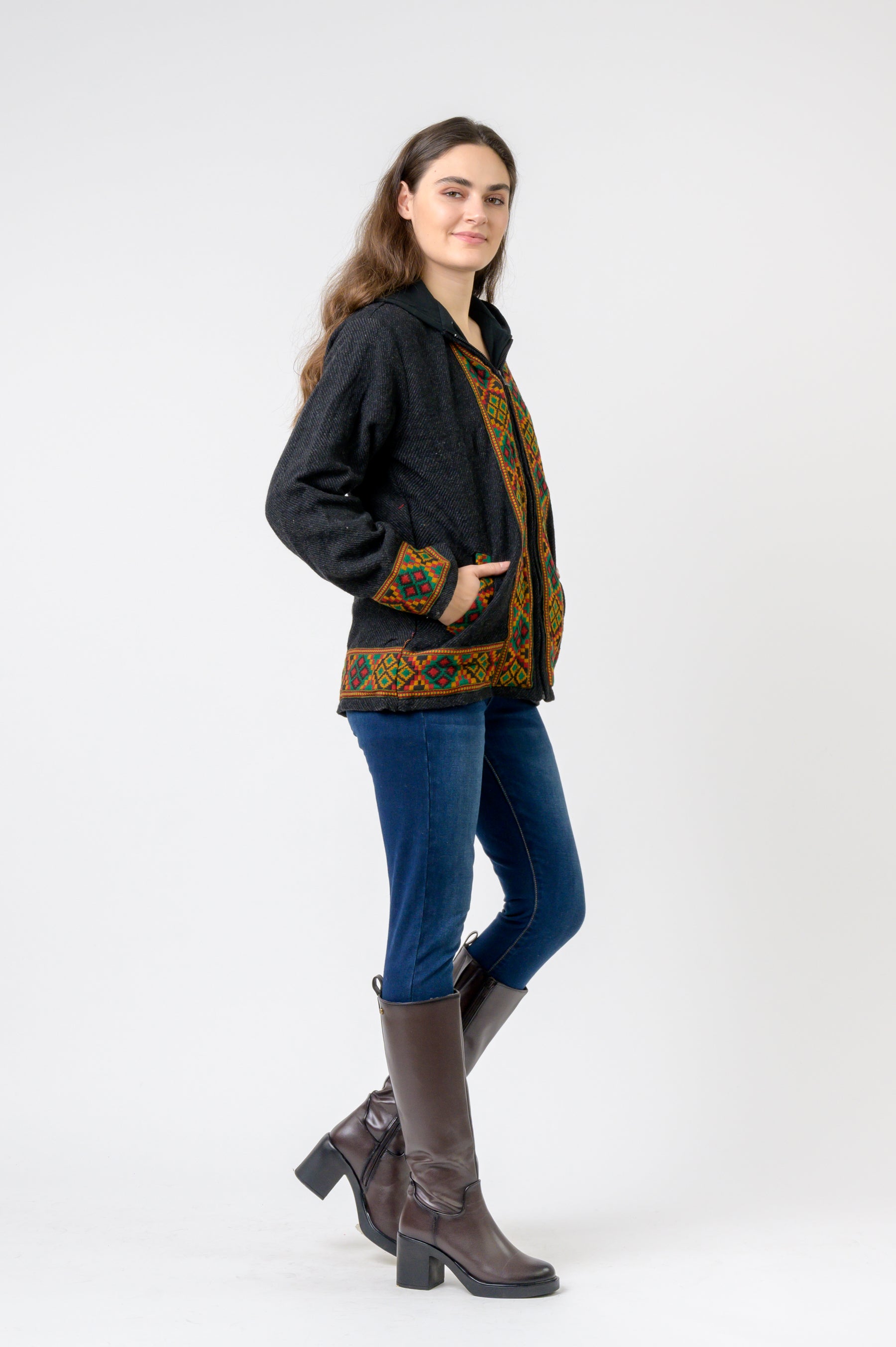 Rhea Solid Jacket With Patterned Hem