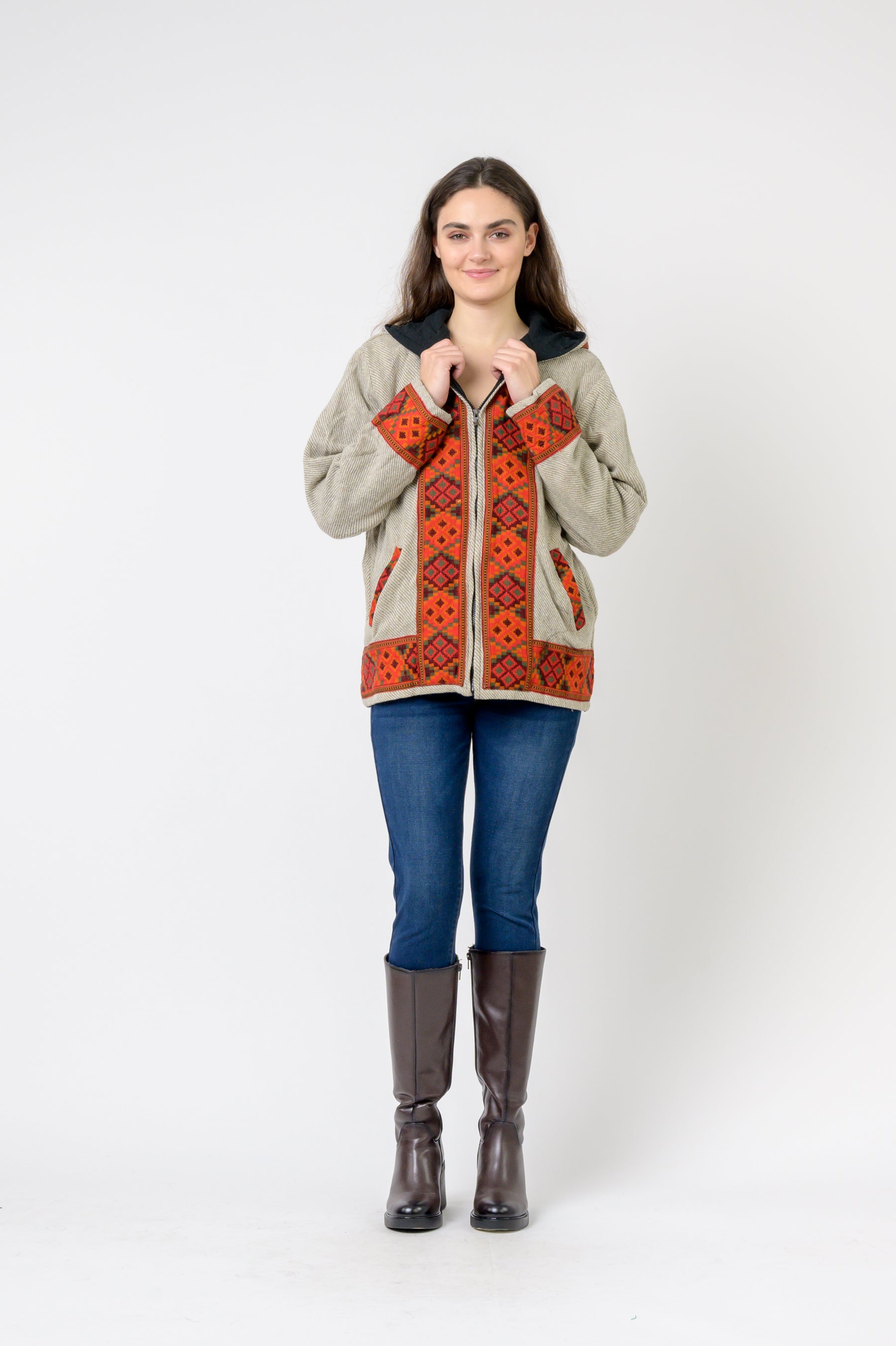 Rhea Solid Jacket With Patterned Hem