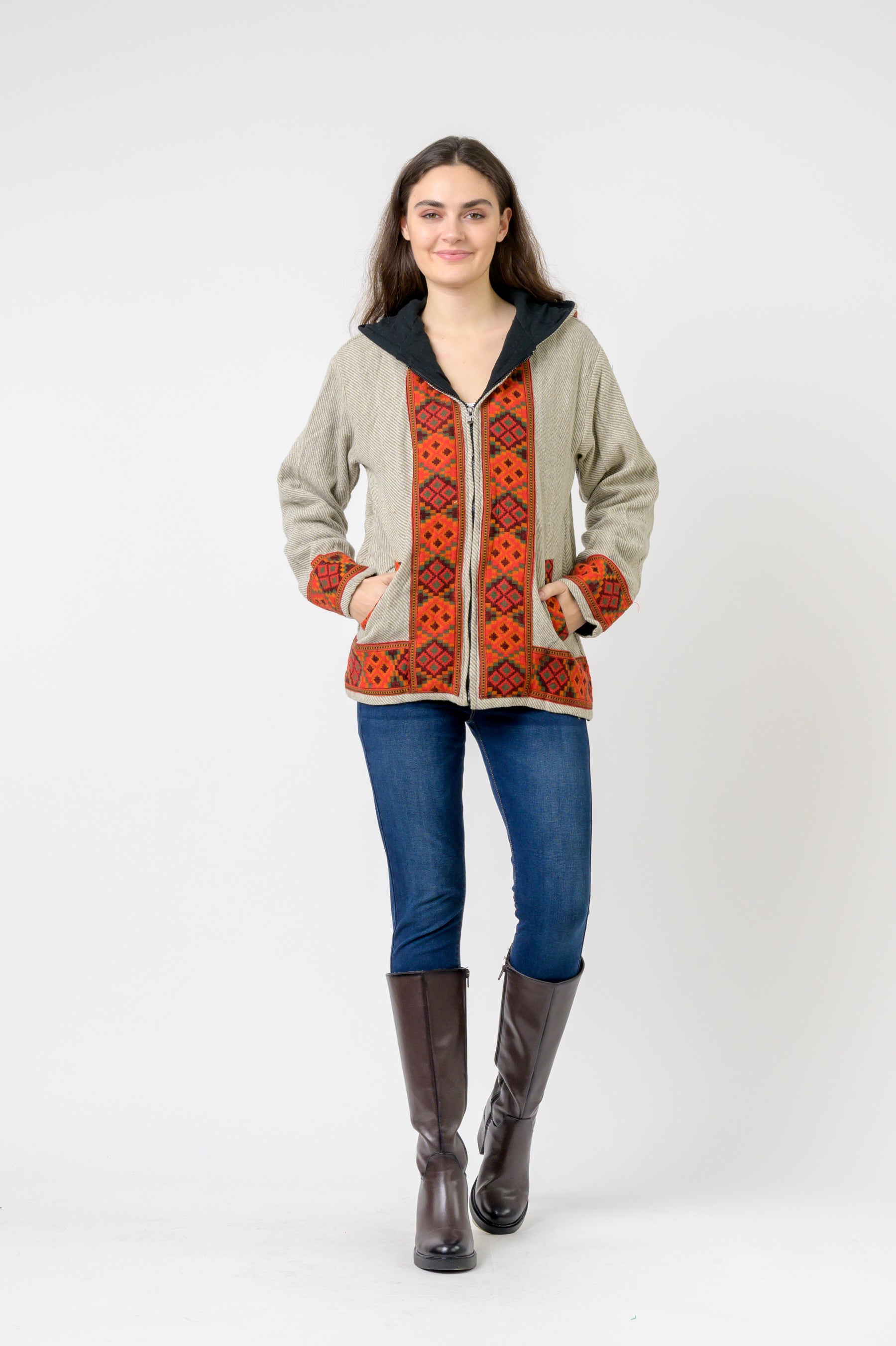 Rhea Solid Jacket With Patterned Hem