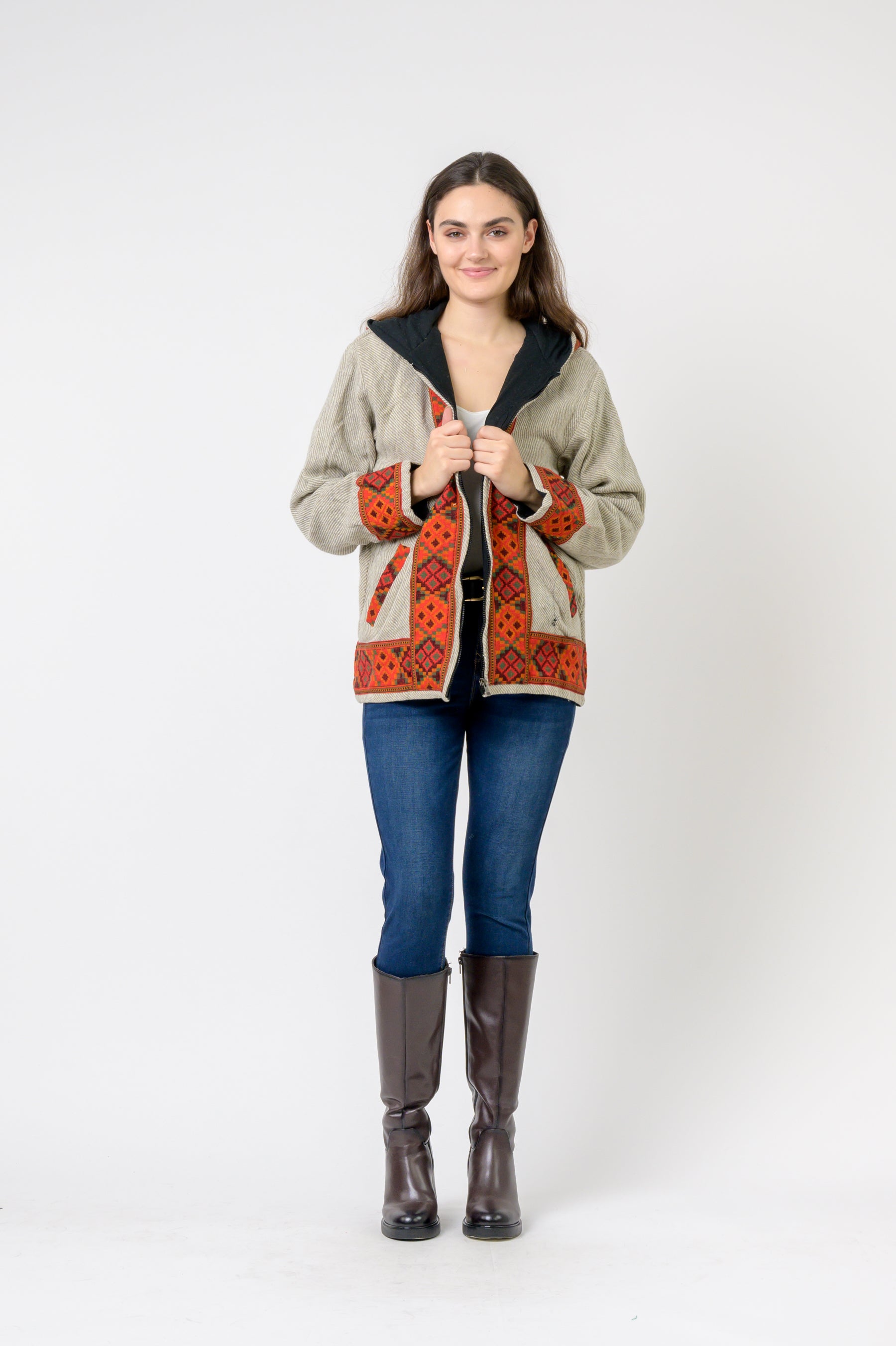 Rhea Solid Jacket With Patterned Hem
