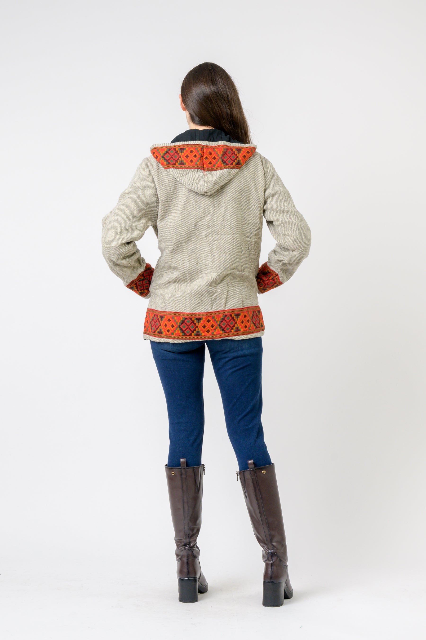 Rhea Solid Jacket With Patterned Hem