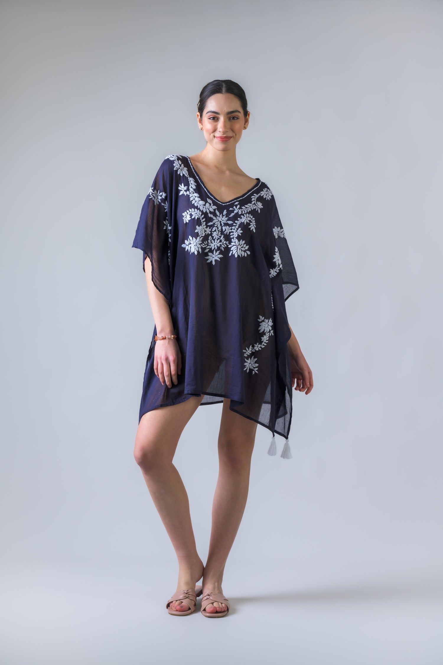 Rhea Laurels Embroidered Short Kaftan Navy Blue / One Size