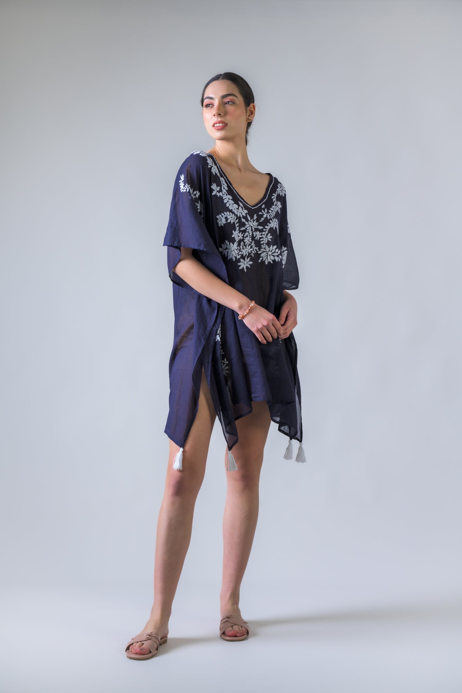 Rhea Laurels Embroidered Short Kaftan Navy Blue / One Size
