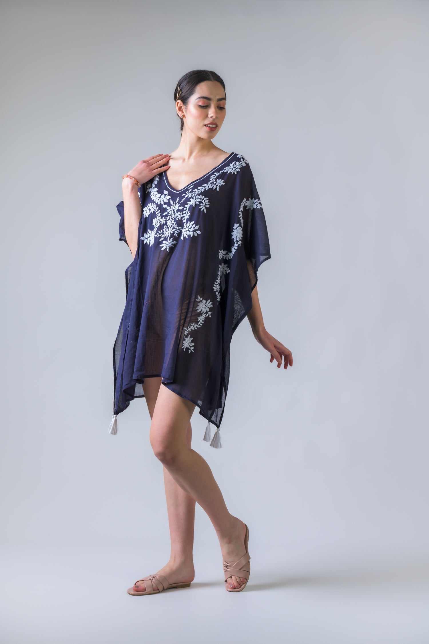 Rhea Laurels Embroidered Short Kaftan Navy Blue / One Size