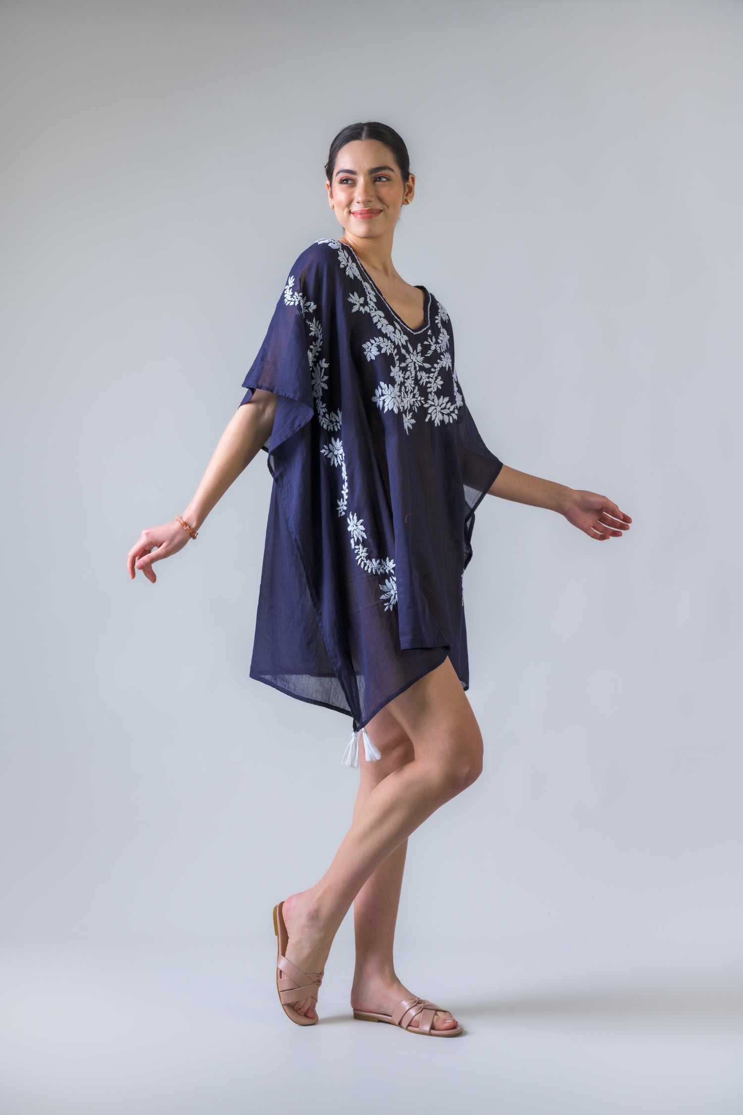 Rhea Laurels Embroidered Short Kaftan Navy Blue / One Size