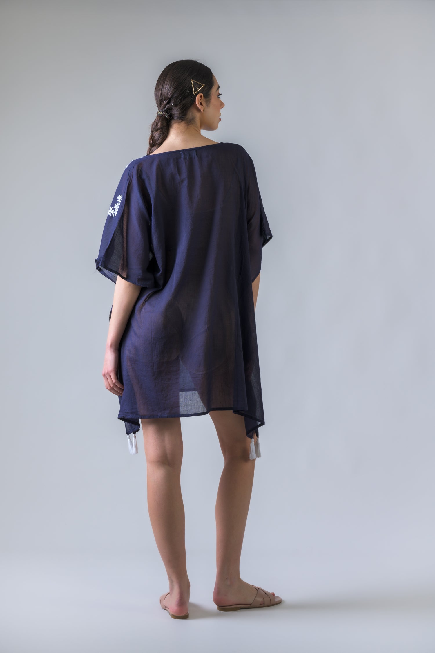 Rhea Laurels Embroidered Short Kaftan Navy Blue / One Size