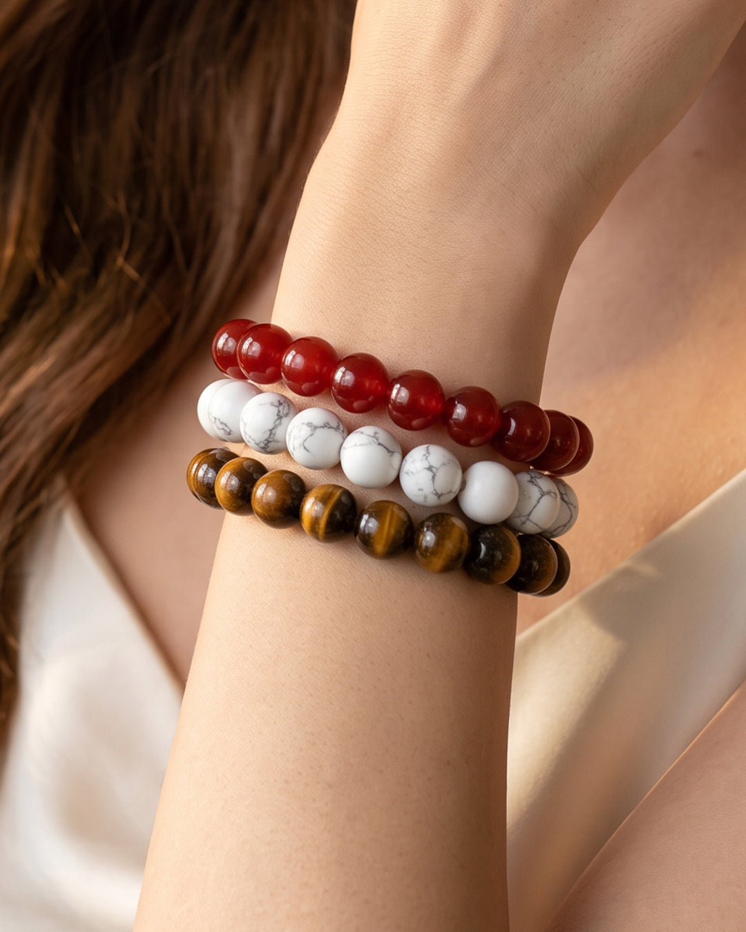Red White & Gold , Team Spirit Bracelet Stack, Gemstone Bracelet Set - 10mm