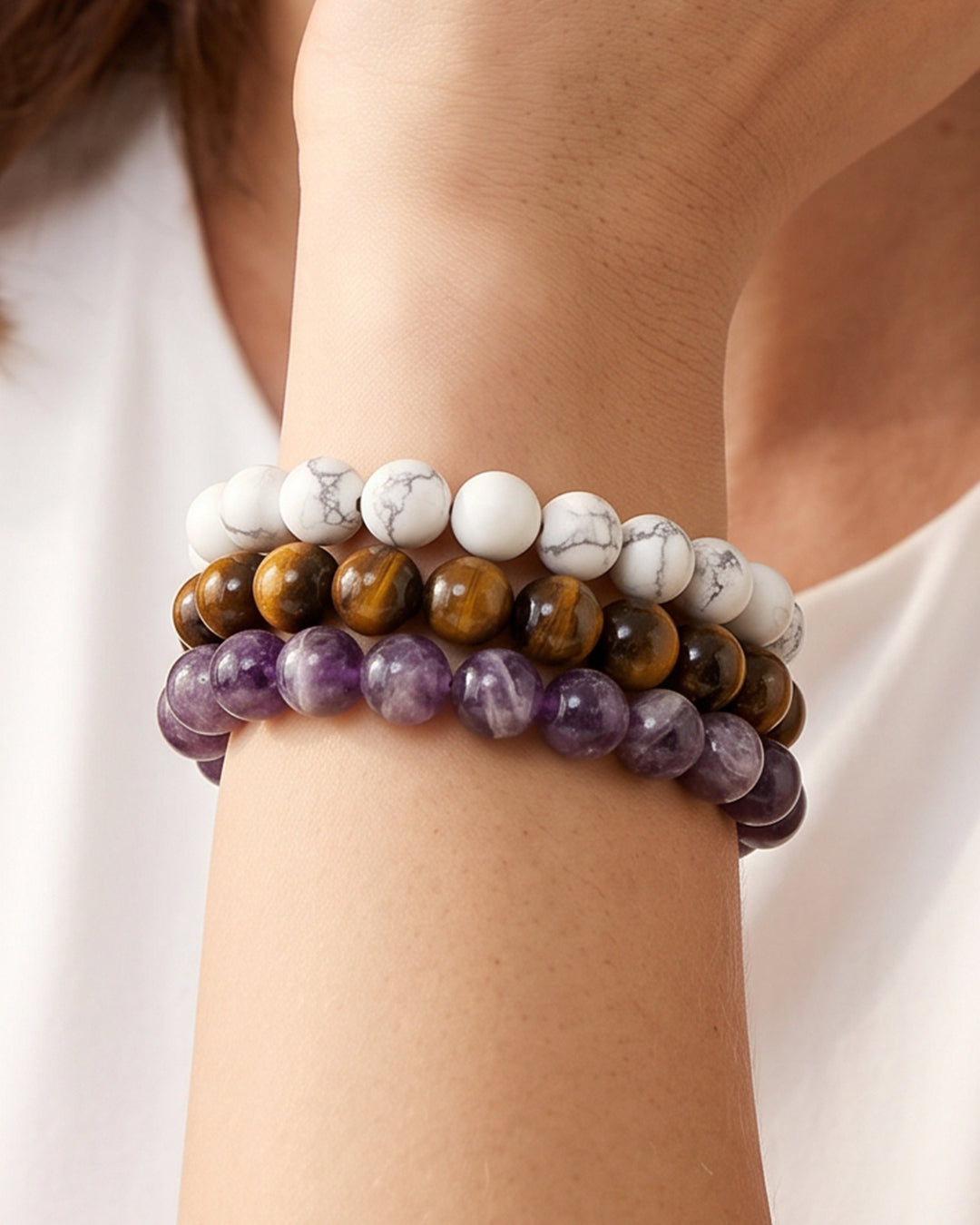 Purple yellow & White, Game Day Bracelet Stack, Gemstone Bracelet Set - 8mm