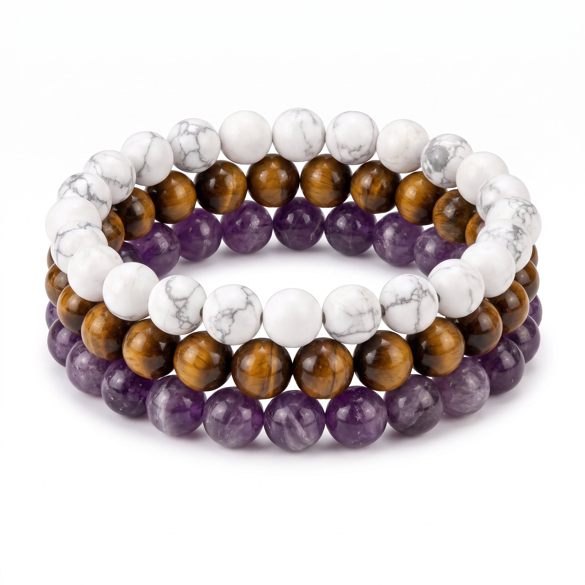 Purple yellow & White, Game Day Bracelet Stack, Gemstone Bracelet Set - 8mm