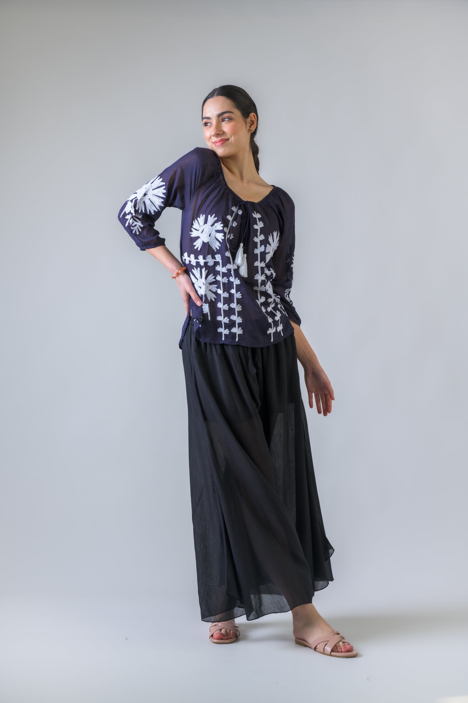 Rhea Embroidered Long Sleeve Cotton Top Orange / One Size