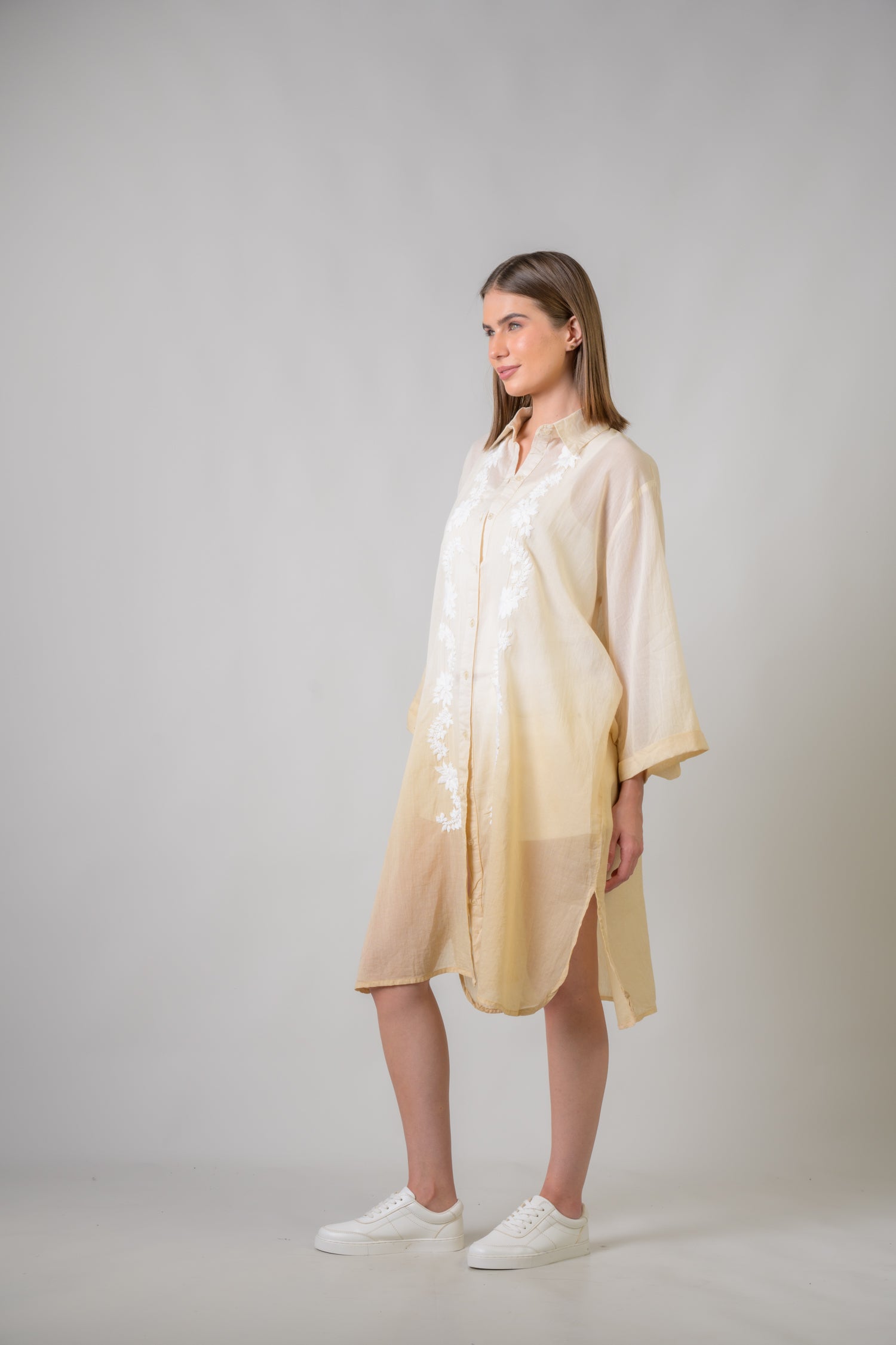 Rhea Laurels Embroidered Long Sleeve Button Down Top Beige / One Size