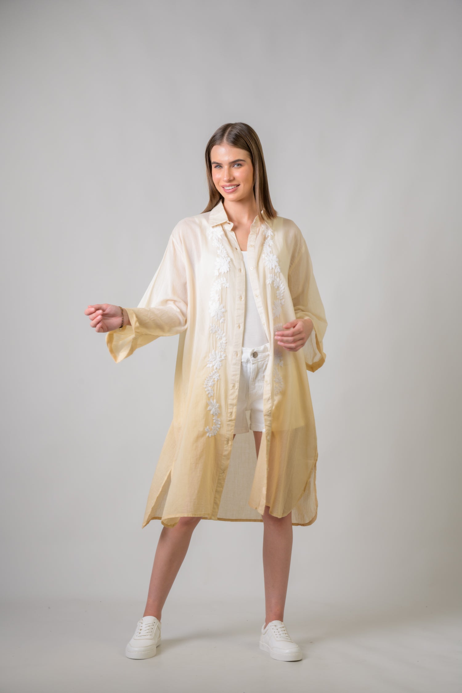 Rhea Laurels Embroidered Long Sleeve Button Down Top Beige / One Size