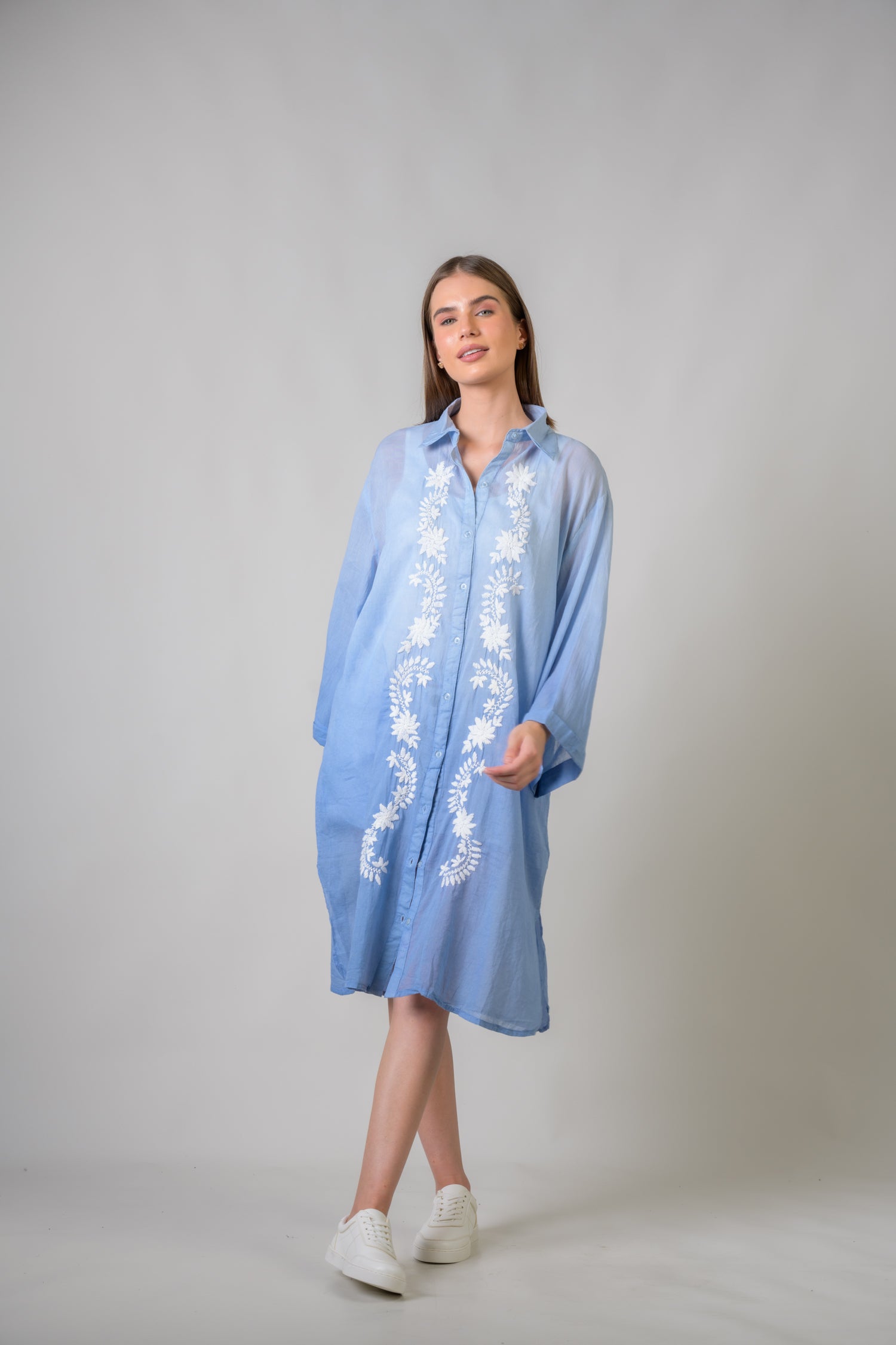 Rhea Laurels Embroidered Long Sleeve Button Down Top Blue / One Size