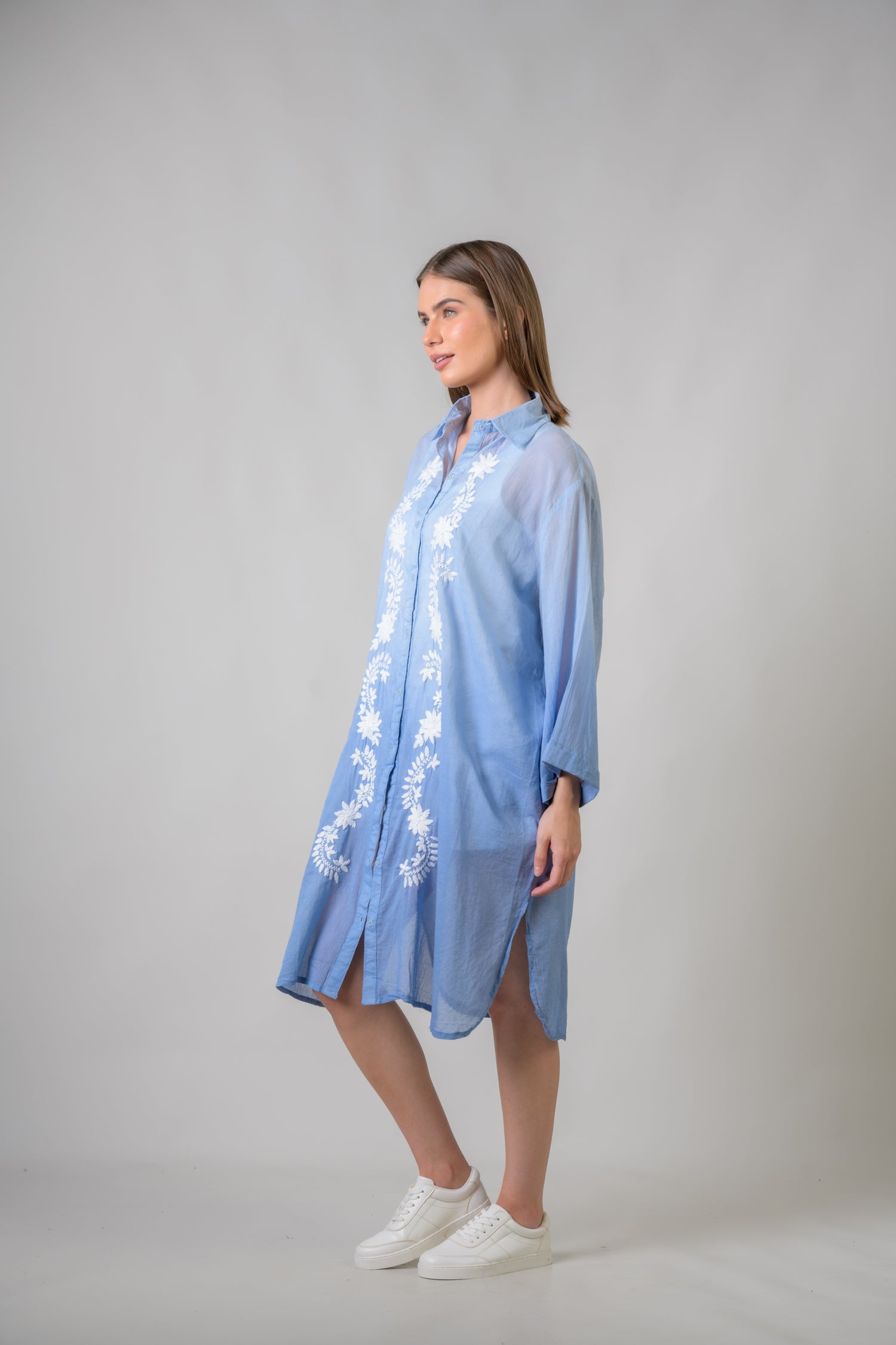 Rhea Laurels Embroidered Long Sleeve Button Down Top Blue / One Size