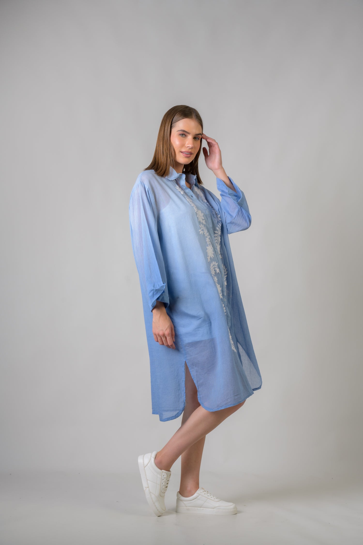 Rhea Laurels Embroidered Long Sleeve Button Down Top Blue / One Size