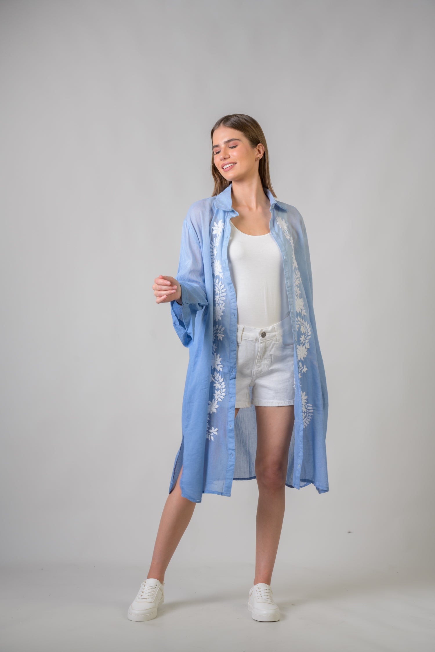 Rhea Laurels Embroidered Long Sleeve Button Down Top Blue / One Size