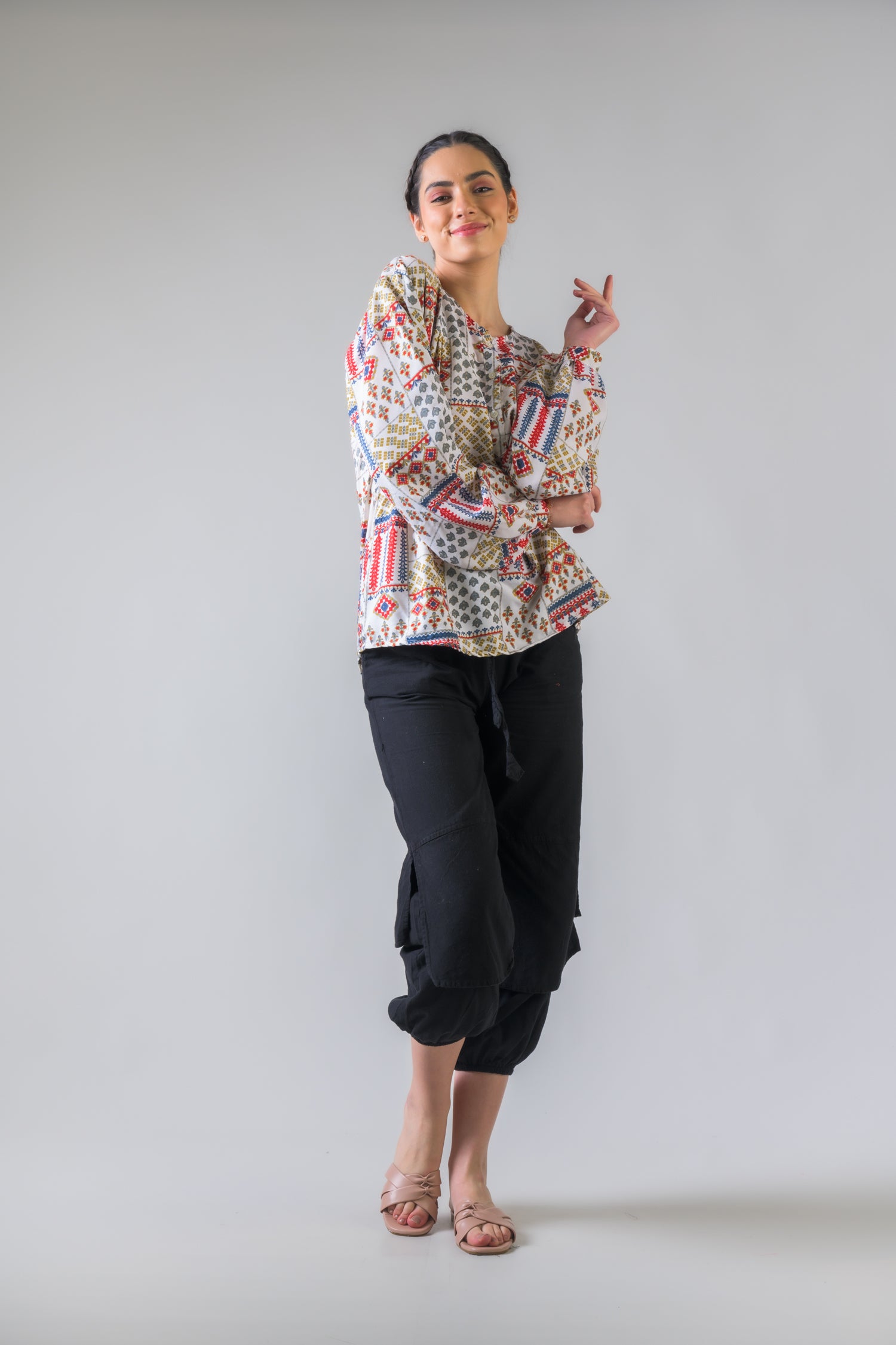 Rhea Vintage Pattern Long Sleeve Top White / One Size