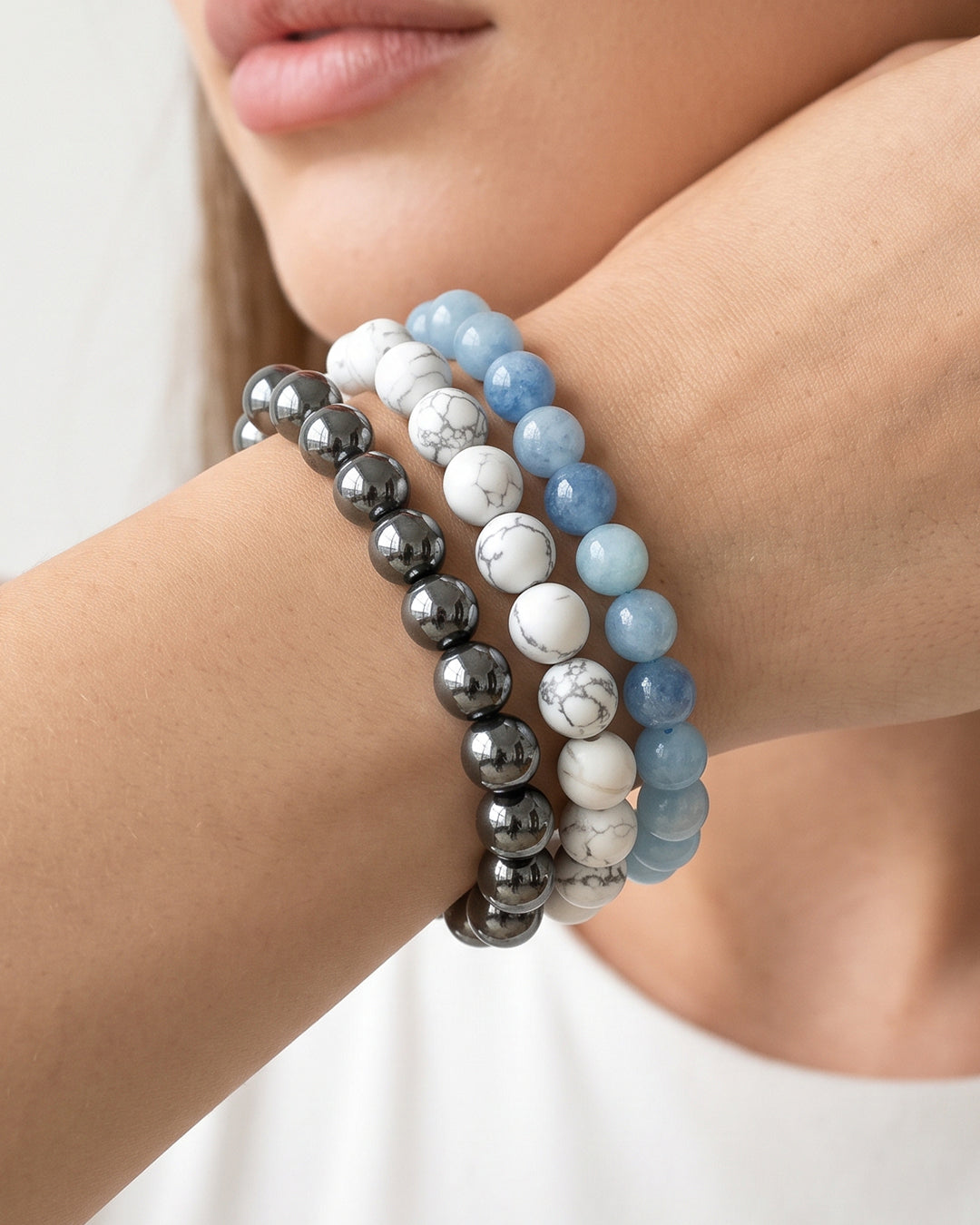 Blue White & Gray, Game Day Bracelet Stack, Gemstone Bracelet Set - 10mm