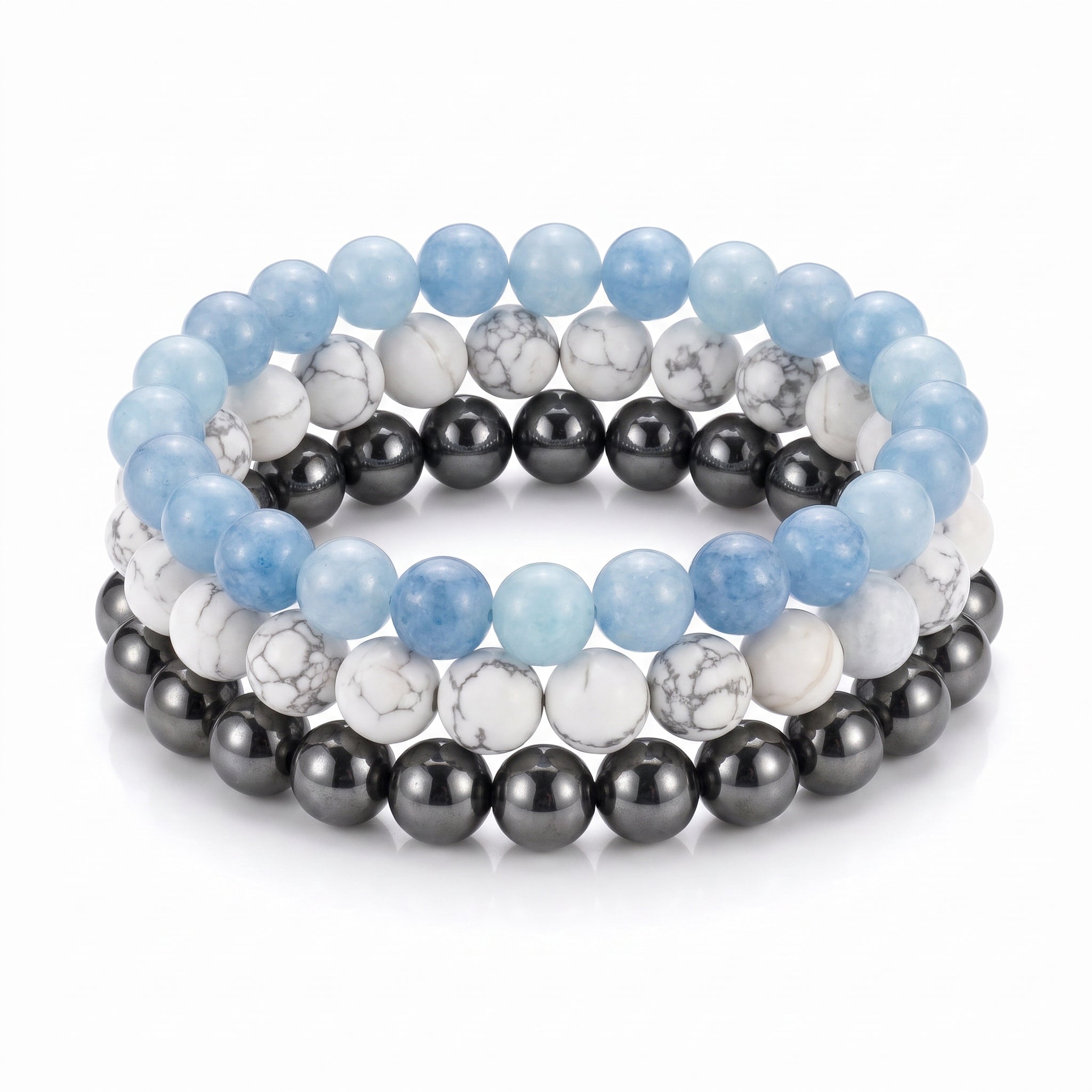 Blue White & Gray, Game Day Bracelet Stack, Gemstone Bracelet Set - 10mm