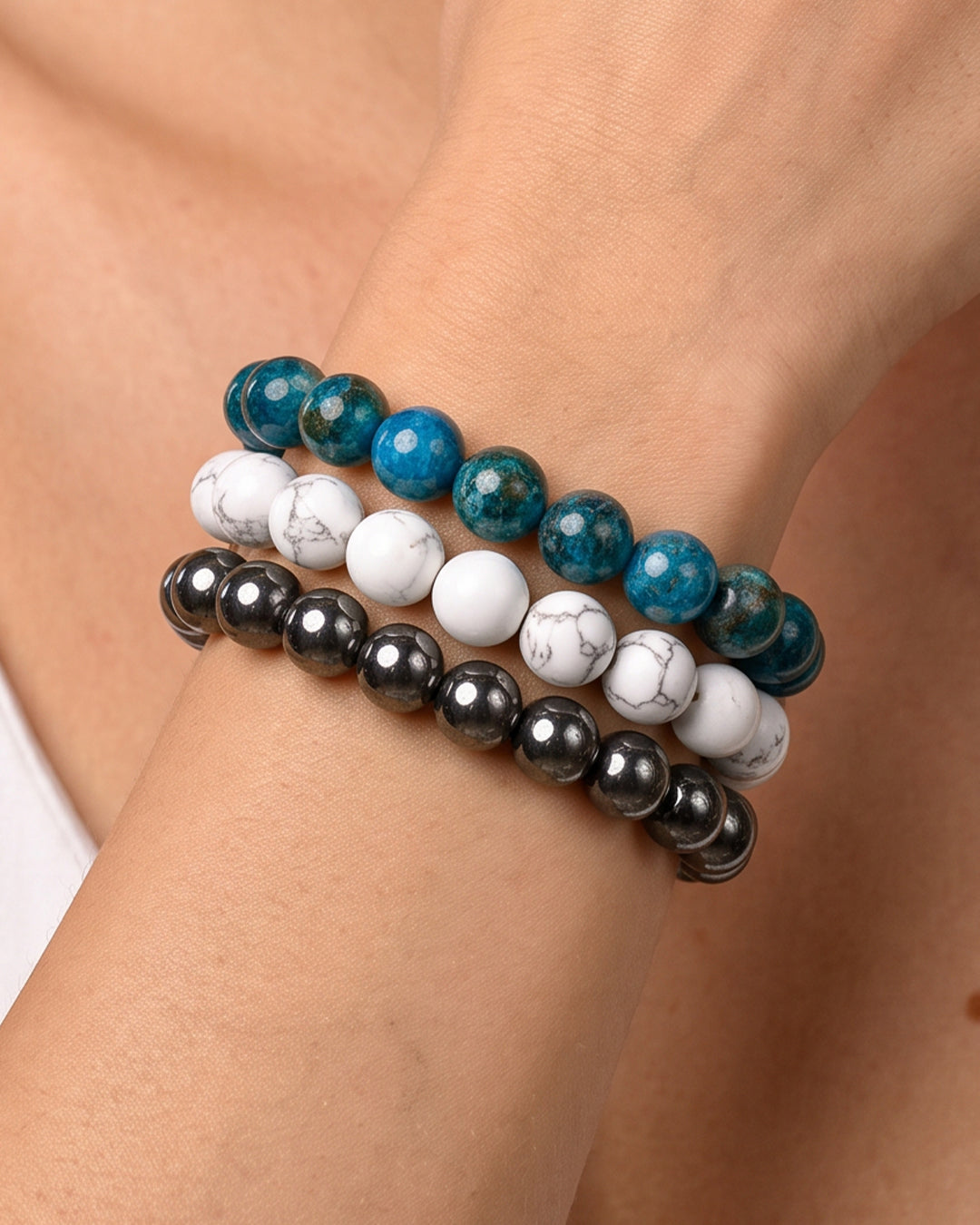 Navy White & Gray, Game Day Bracelet Stack, Gemstone Bracelet Set - 10mm