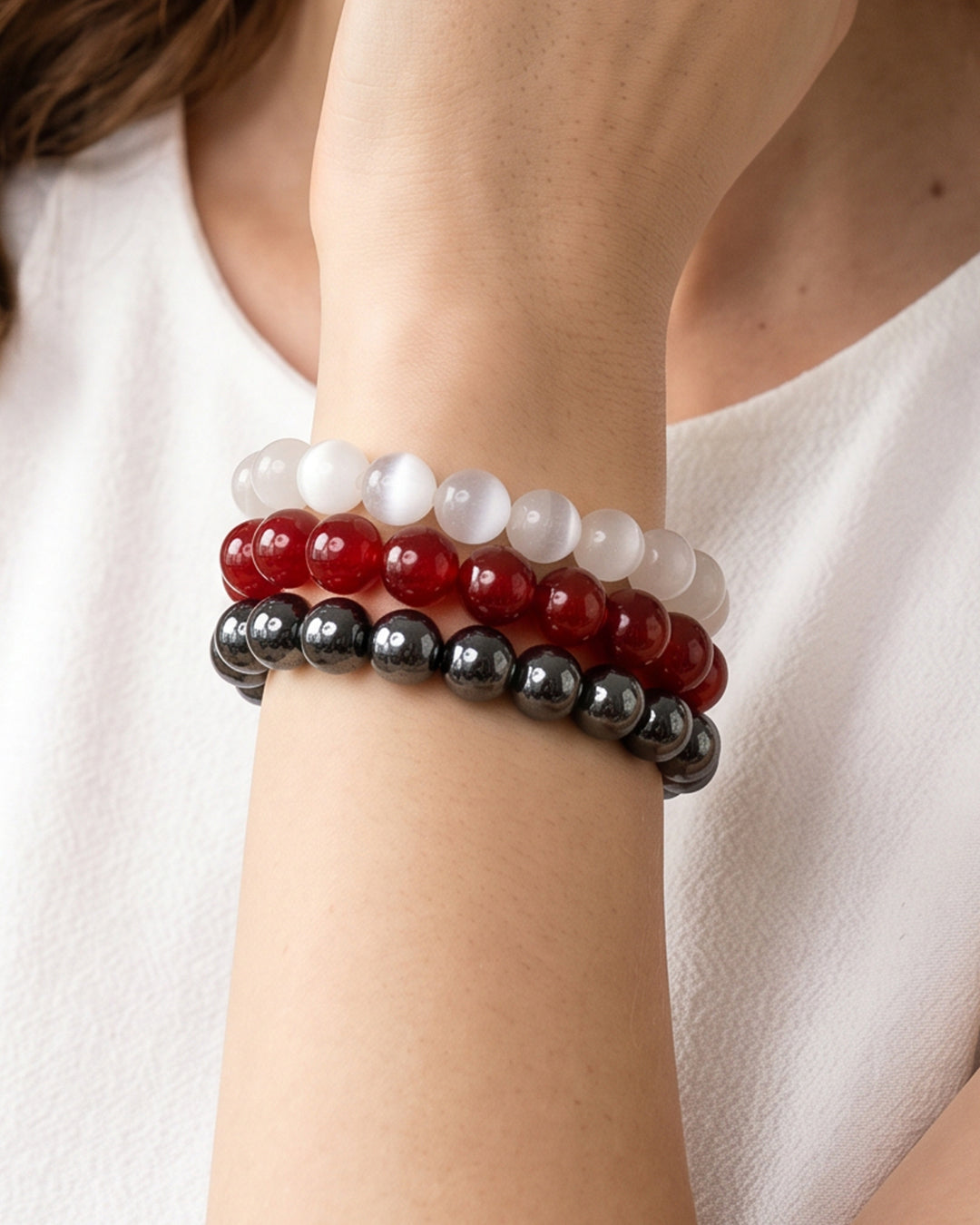 Scarlet Gray & White, Team Spirit Bracelet Stack, Gemstone Bracelet Set - 8mm