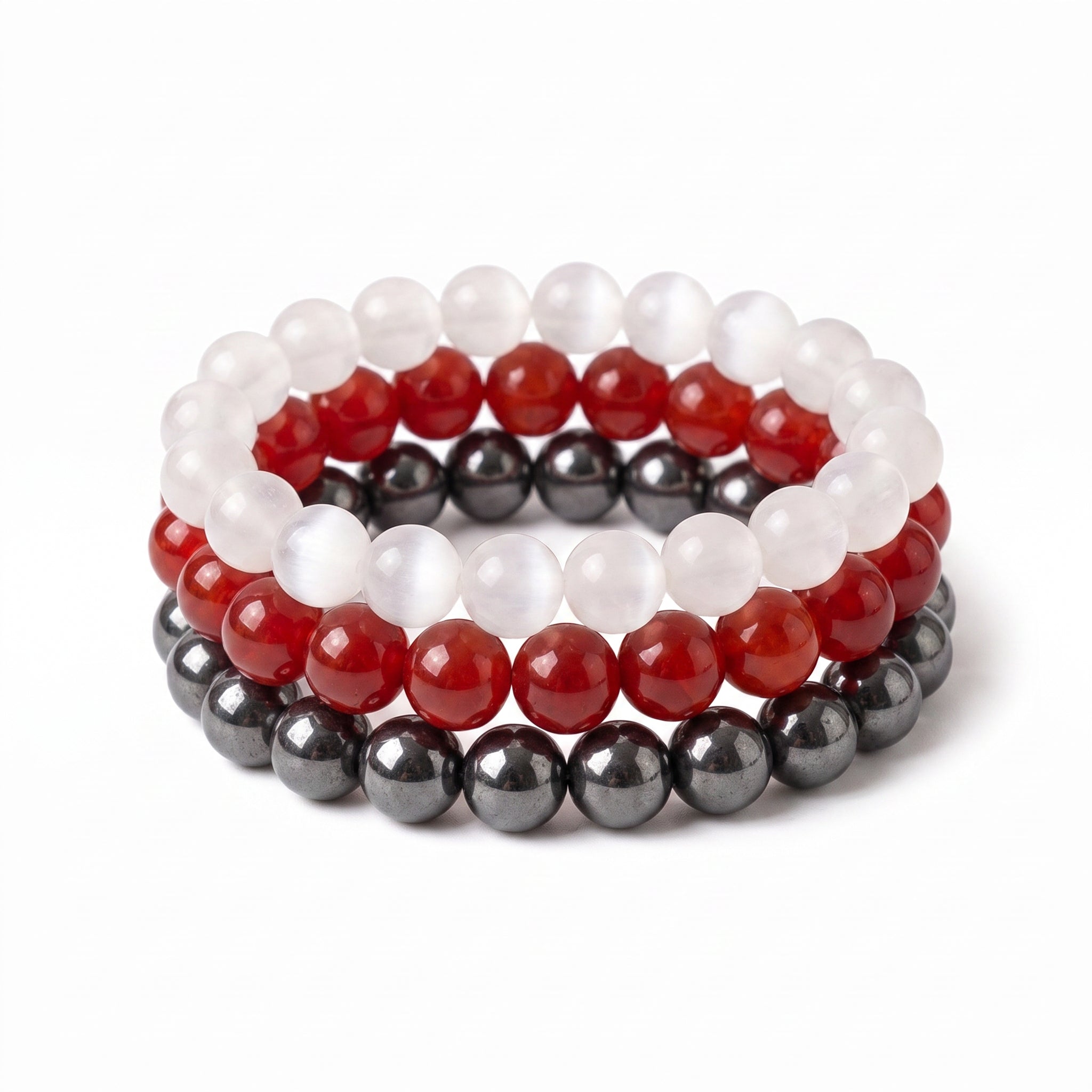 Scarlet Gray & White, Team Spirit Bracelet Stack, Gemstone Bracelet Set - 8mm