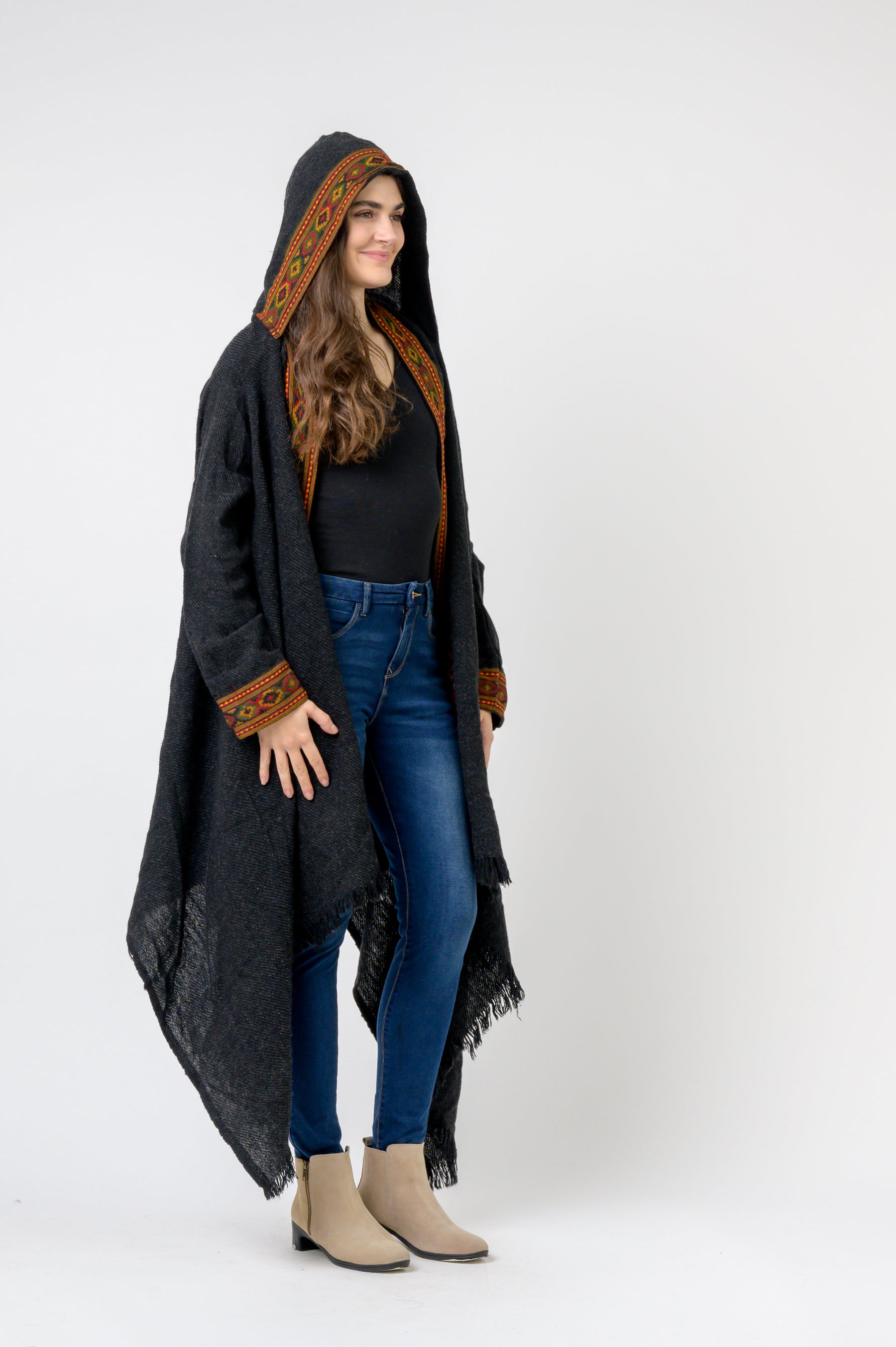 Rhea Hooded Long Jacket With Border