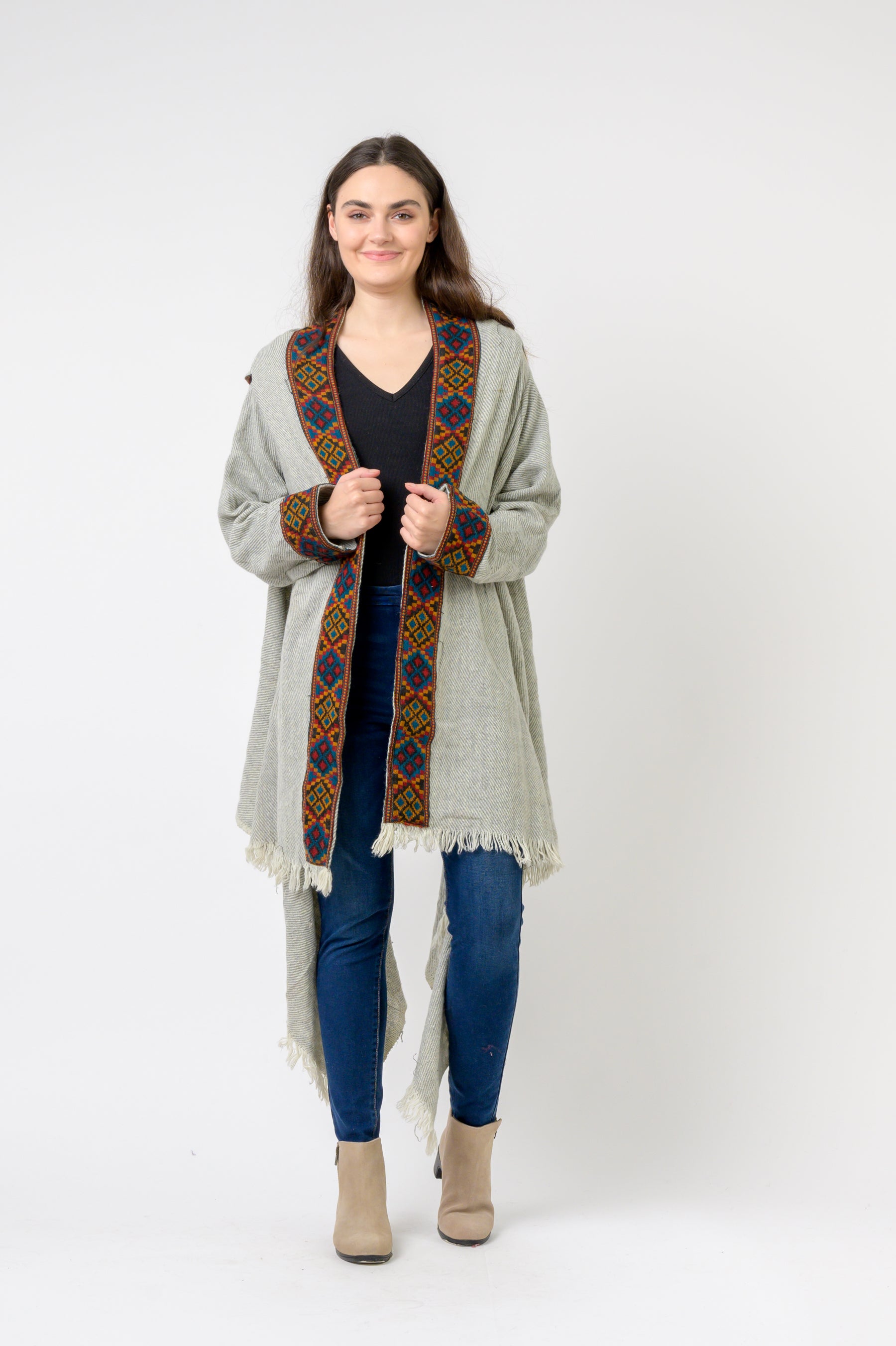Rhea Hooded Long Jacket With Border