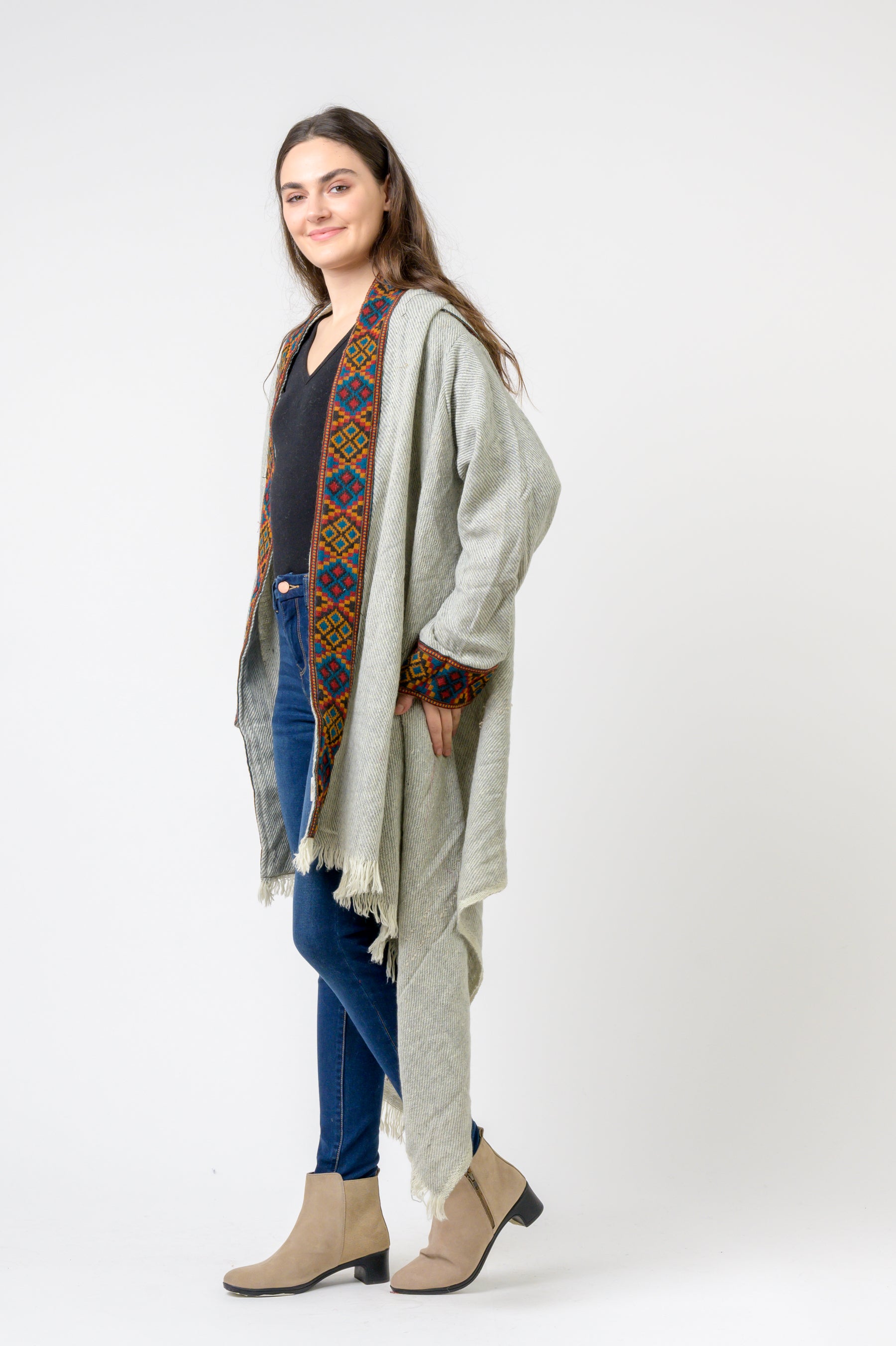 Rhea Hooded Long Jacket With Border