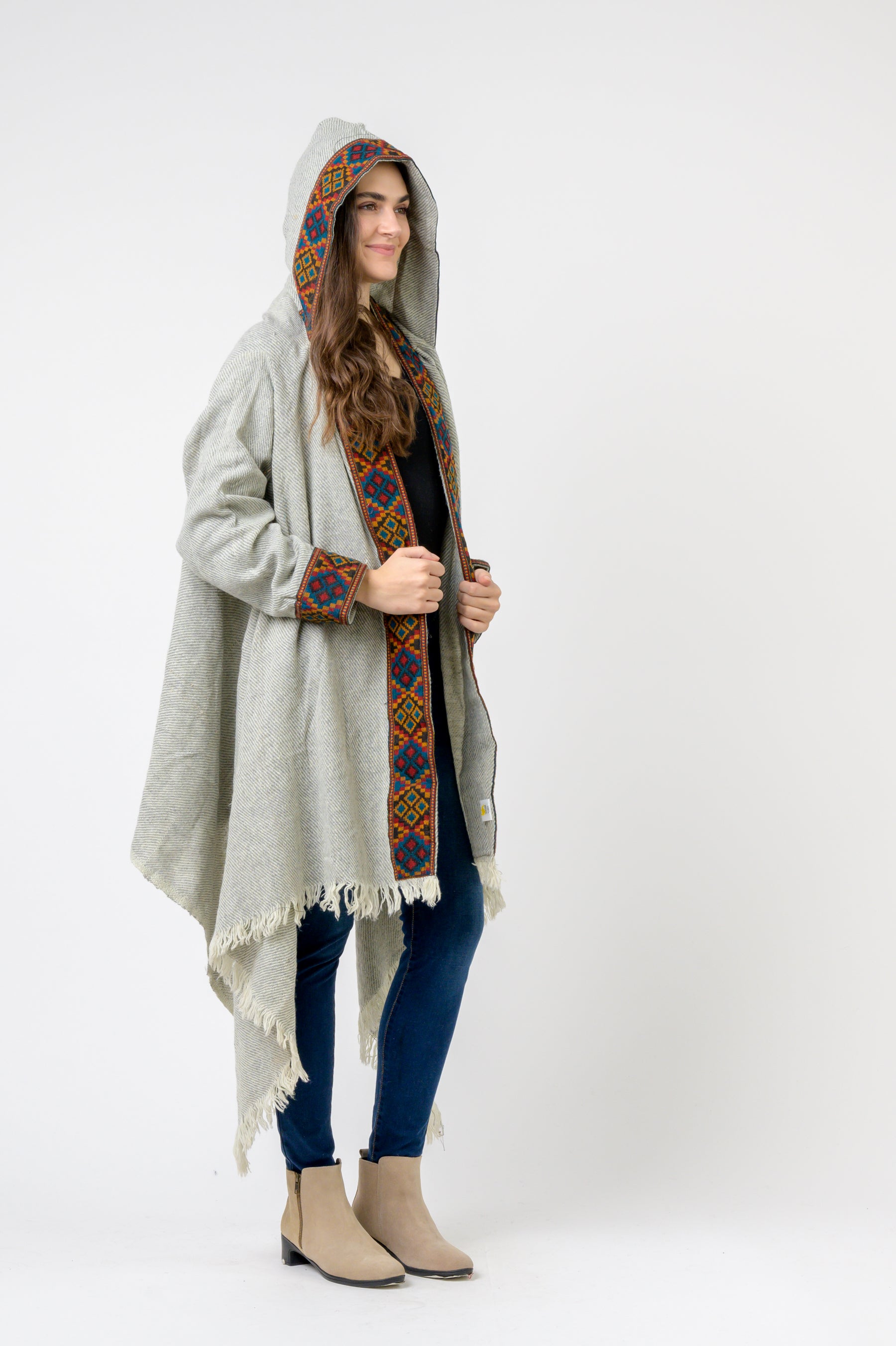 Rhea Hooded Long Jacket With Border