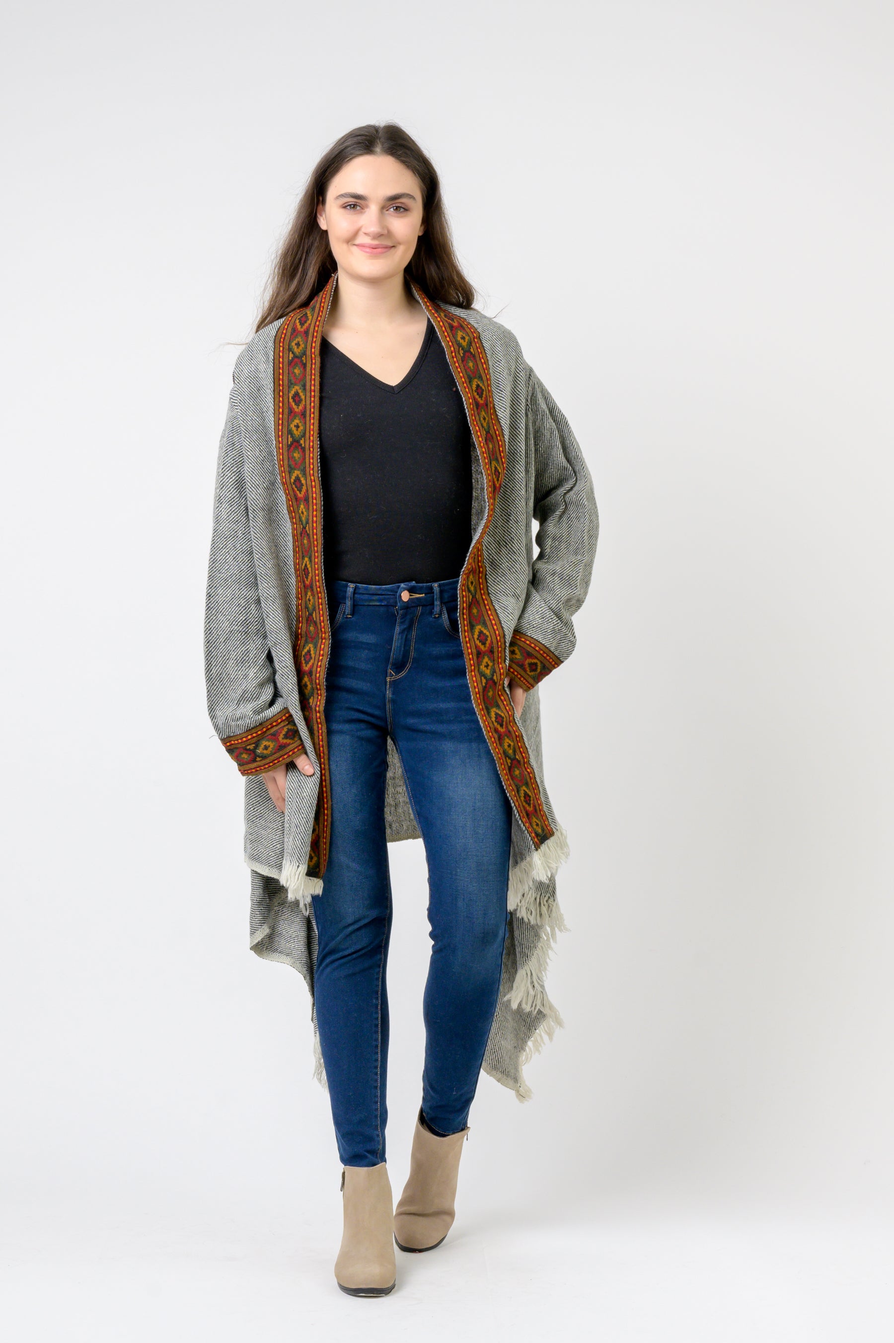 Rhea Hooded Long Jacket With Border