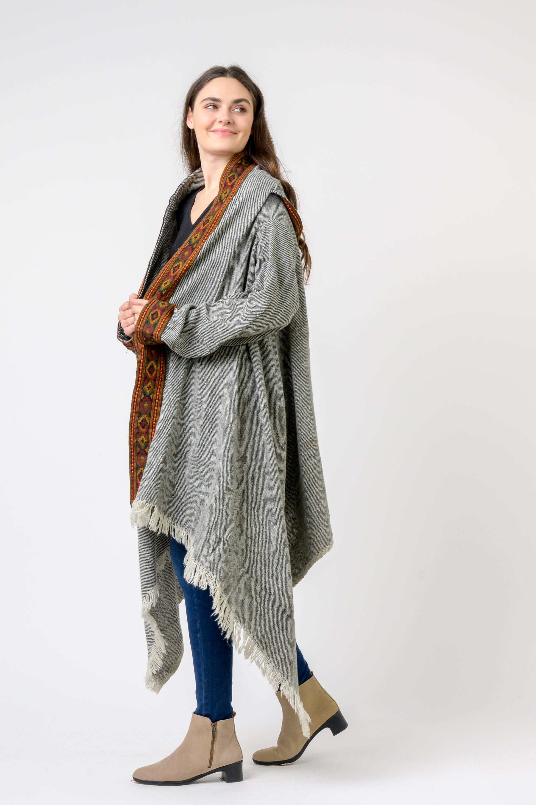 Rhea Hooded Long Jacket With Border